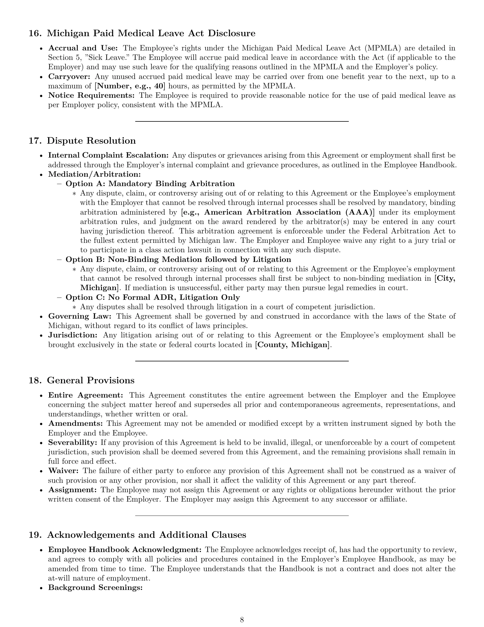 Preview page 8 of Pro Michigan office manager employment contract template