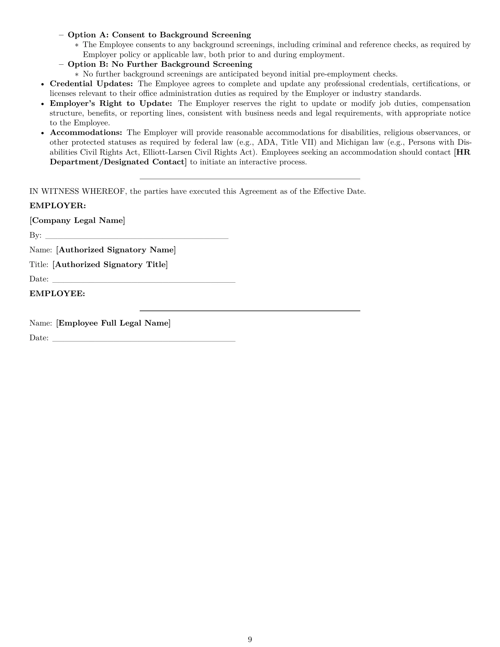 Preview page 9 of Pro Michigan office manager employment contract template