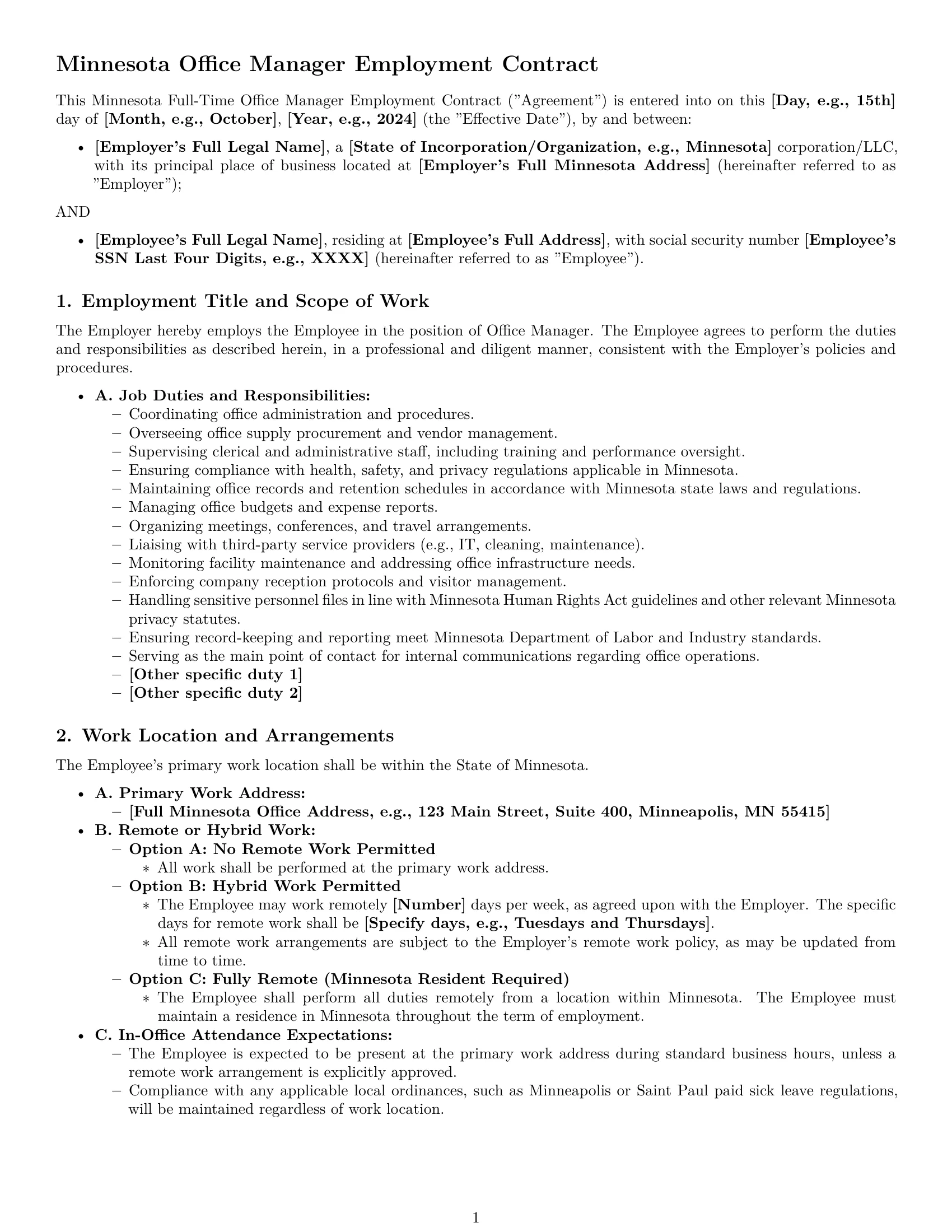 Preview page 1 of Pro Minnesota office manager employment contract template