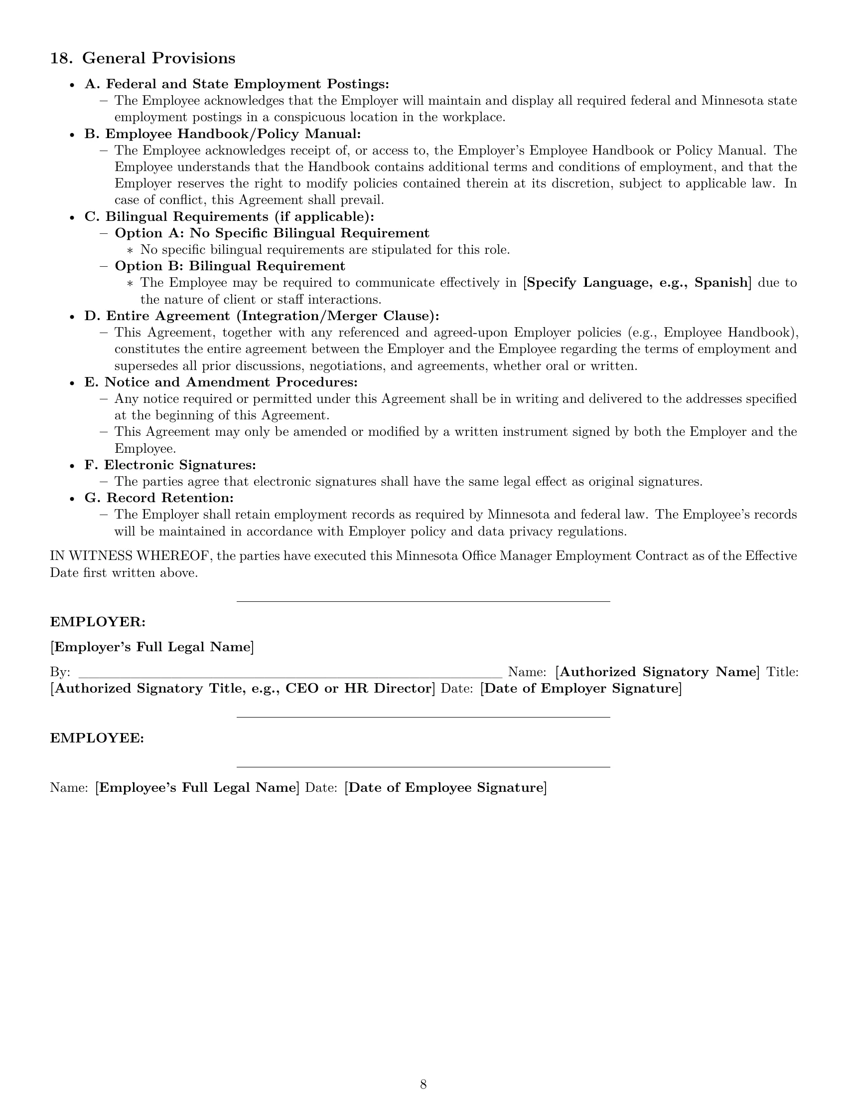 Preview page 8 of Pro Minnesota office manager employment contract template