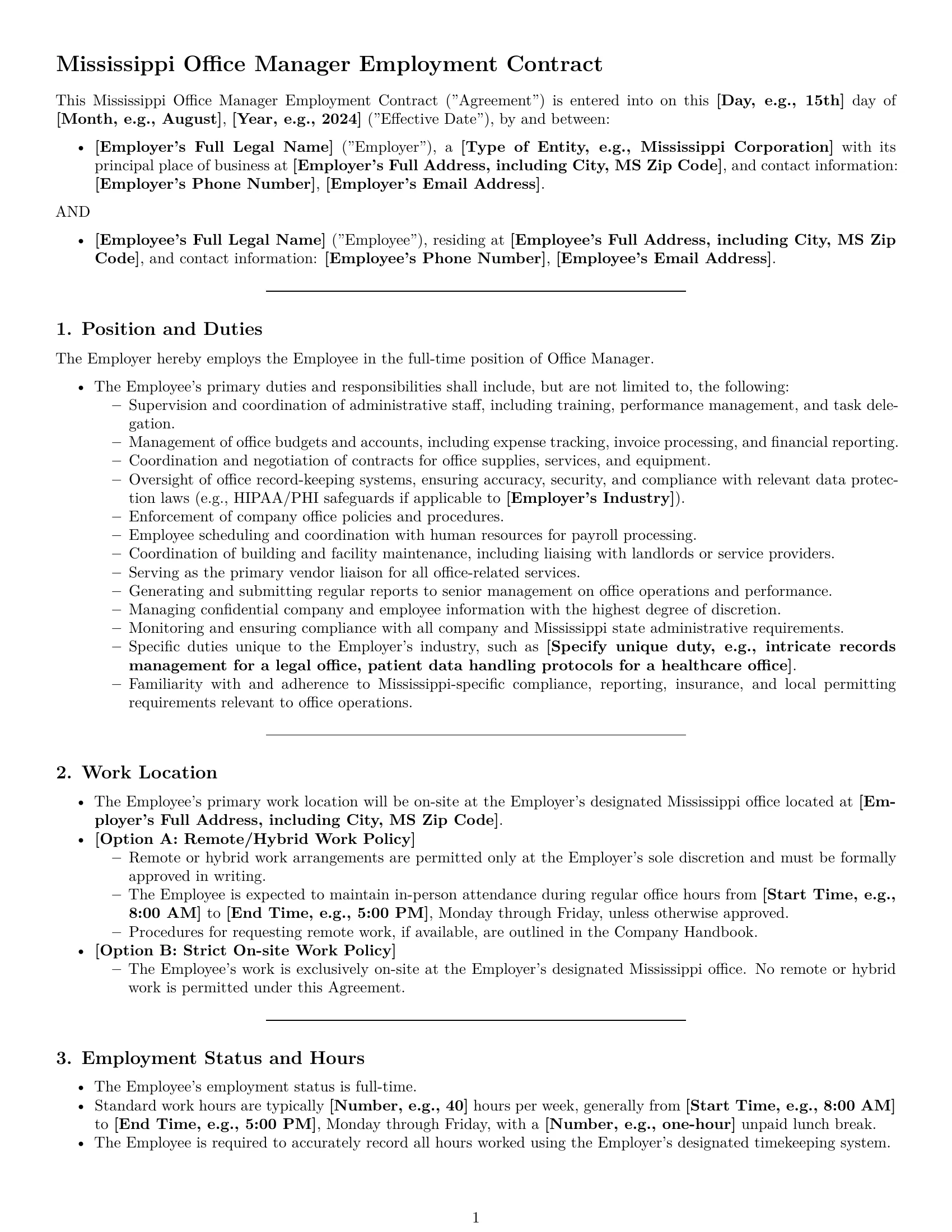 Preview page 1 of Pro Mississippi office manager employment contract template