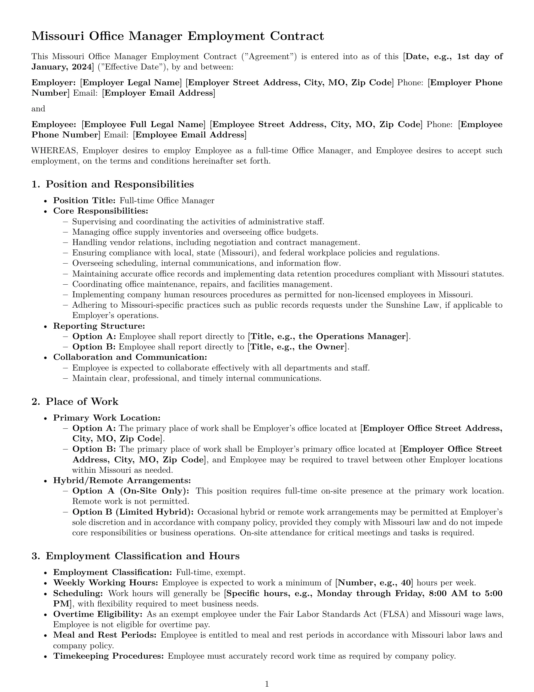 Preview page 1 of Pro Missouri office manager employment contract template
