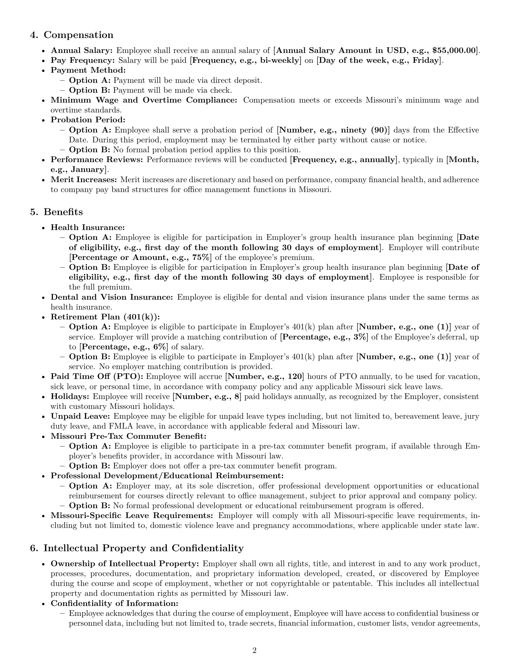 Preview page 2 of Pro Missouri office manager employment contract template