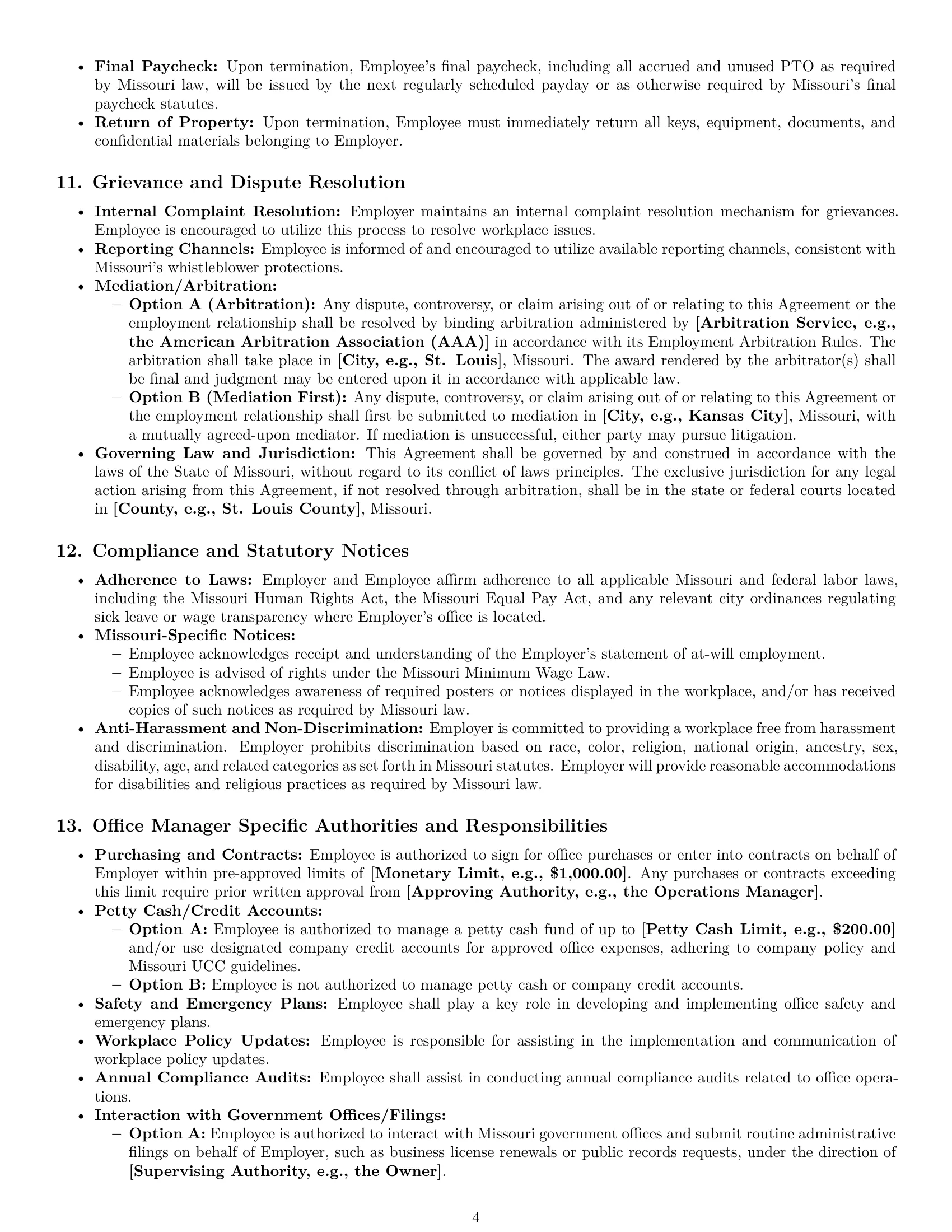 Preview page 4 of Pro Missouri office manager employment contract template