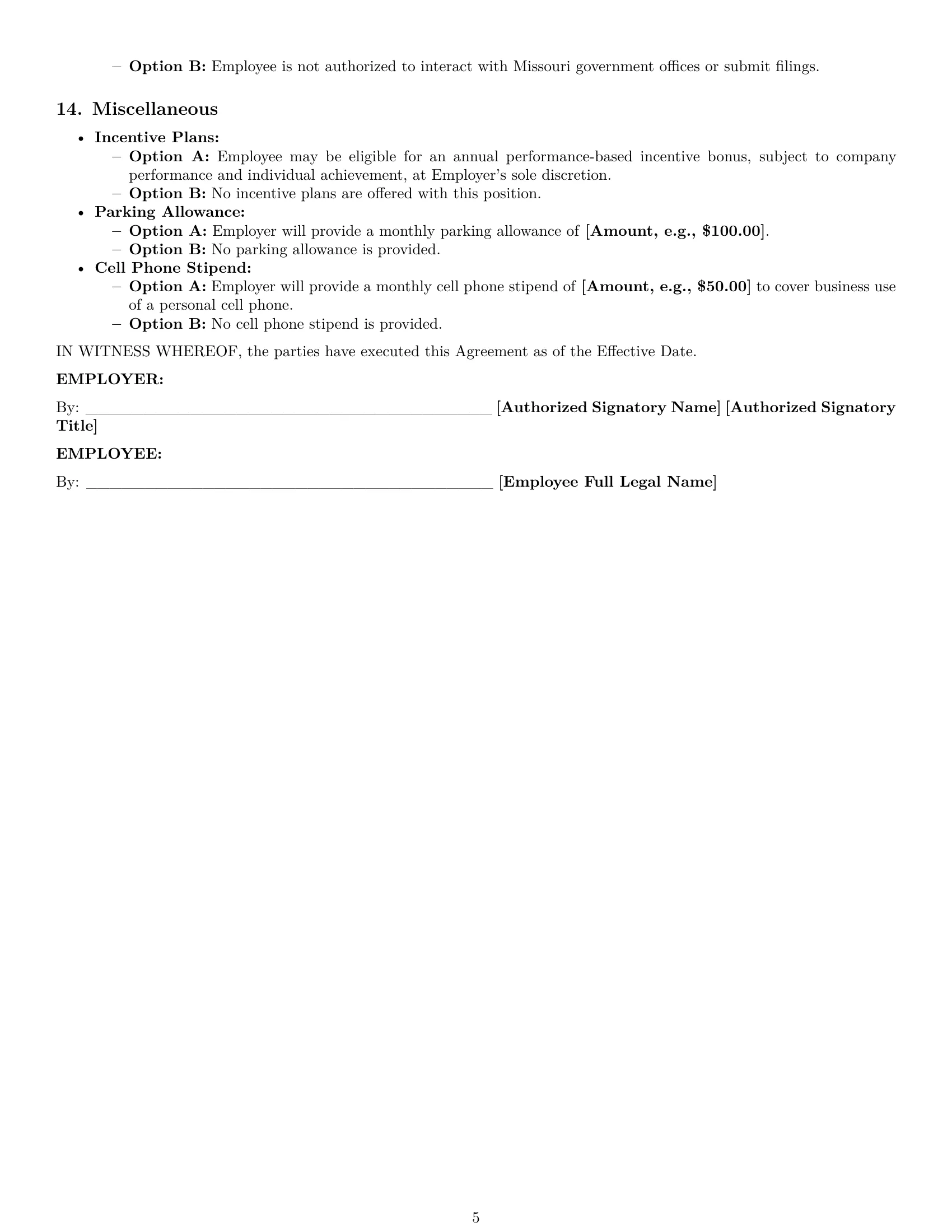 Preview page 5 of Pro Missouri office manager employment contract template