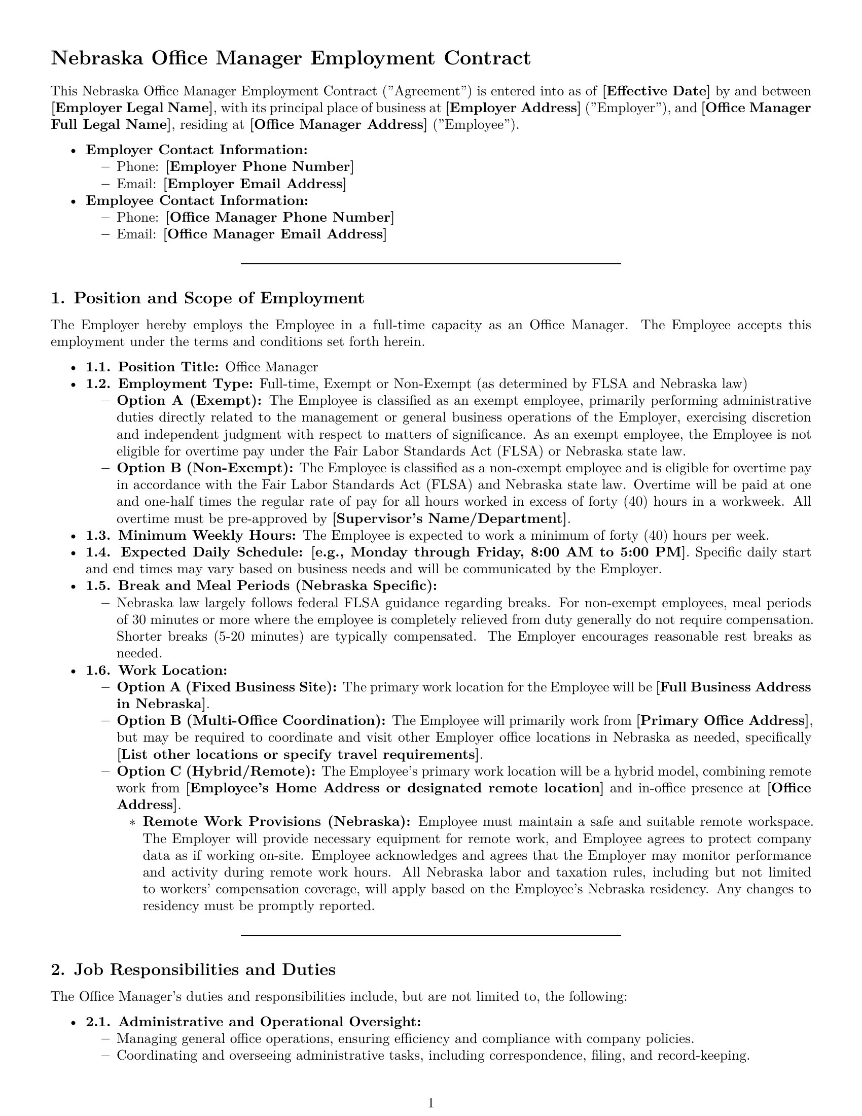Preview page 1 of Pro Nebraska office manager employment contract template