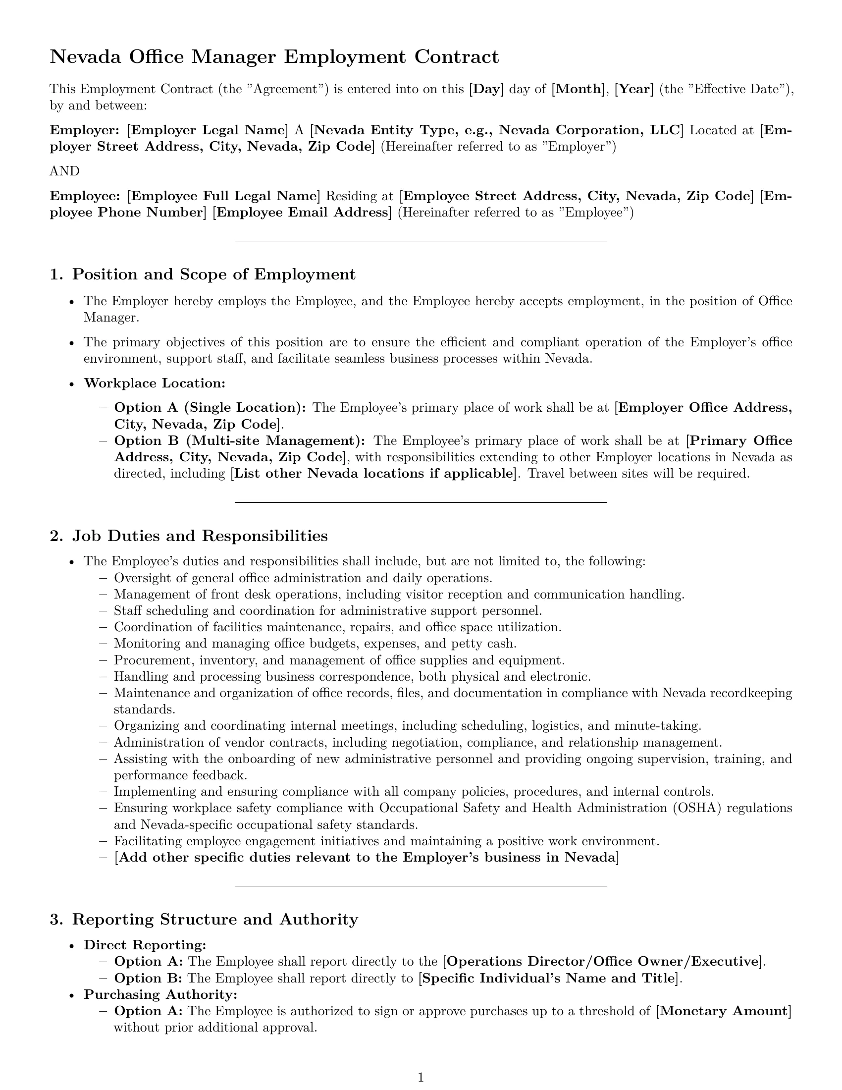 Preview page 1 of Pro Nevada office manager employment contract template