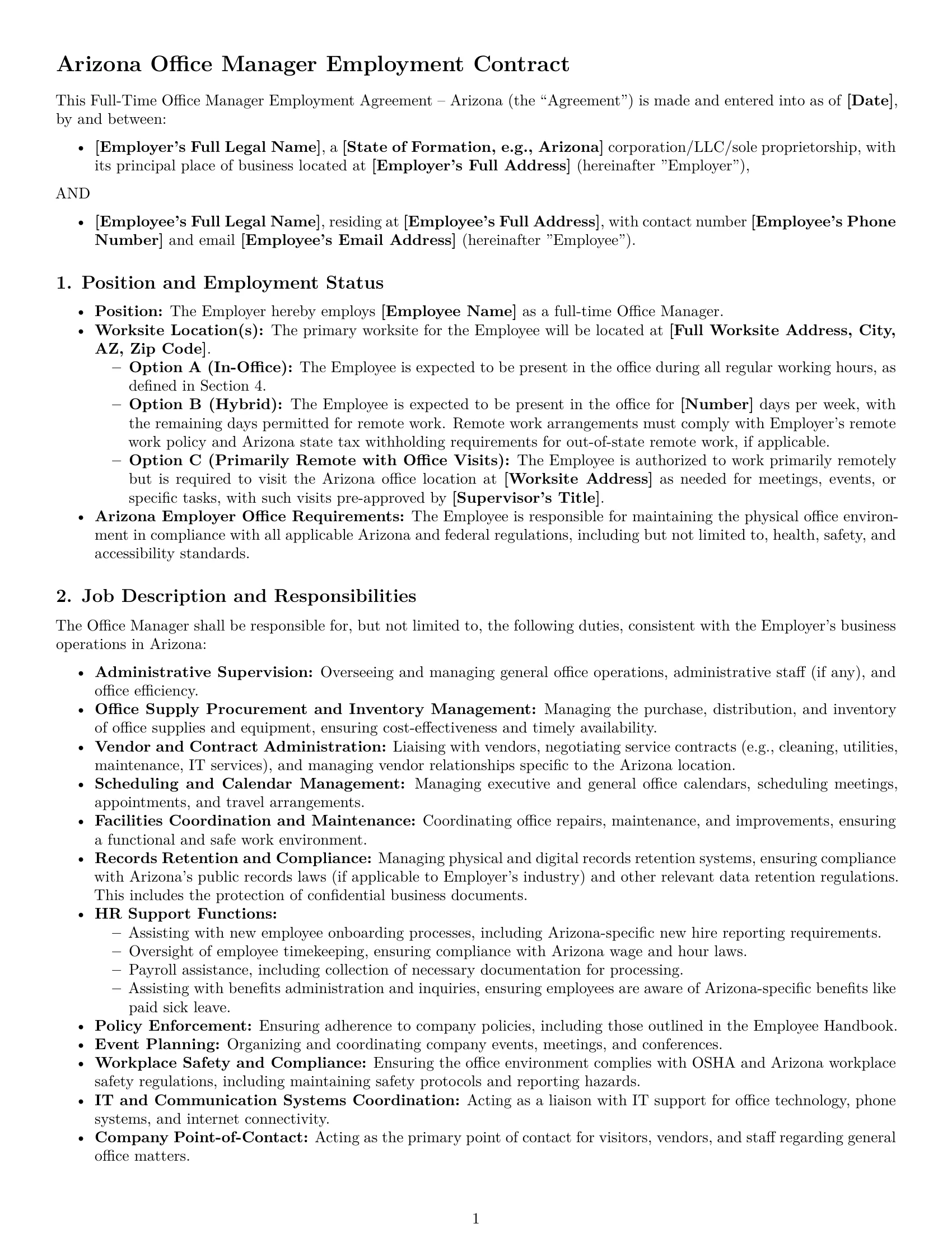 Preview page 1 of Pro Arizona office manager employment contract template