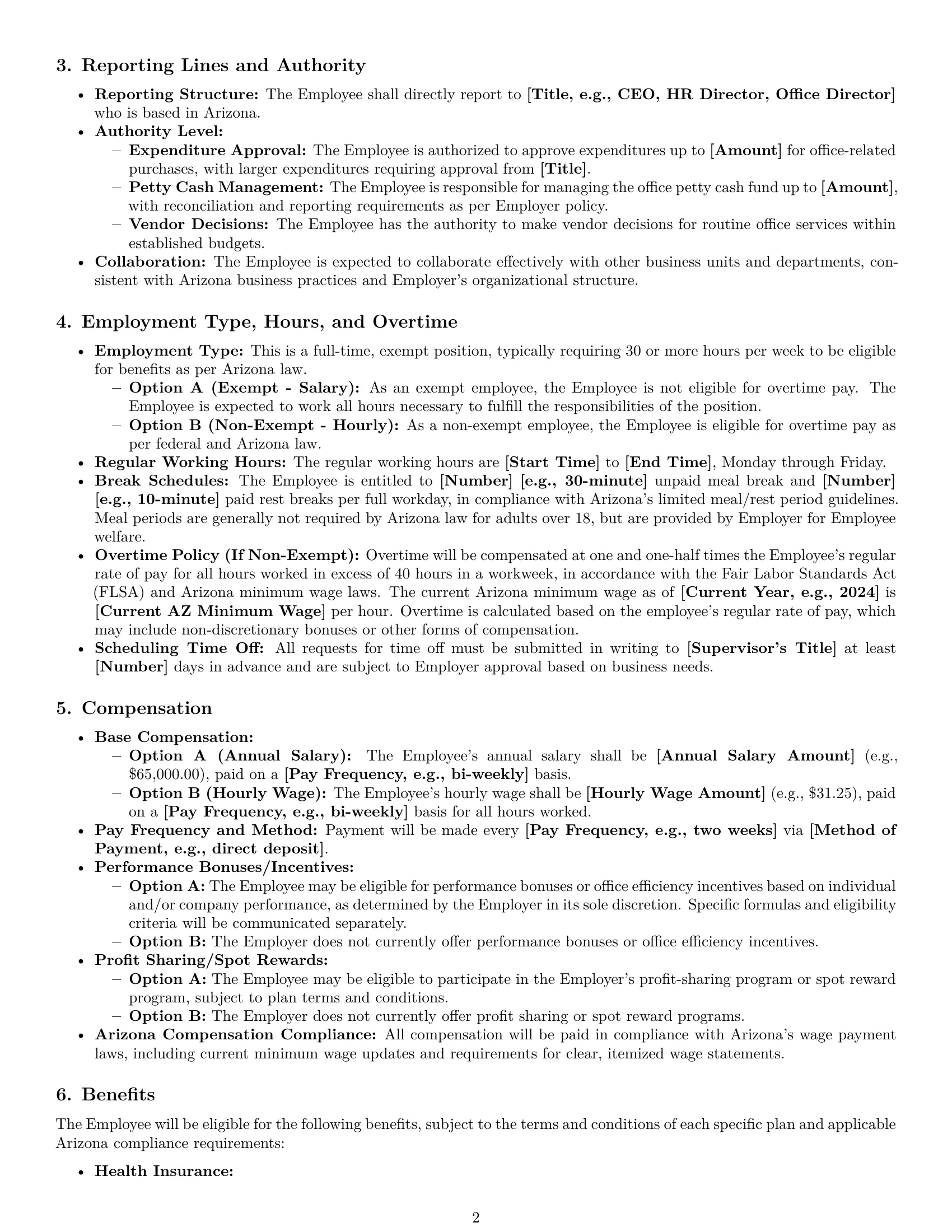 Preview page 2 of Pro Arizona office manager employment contract template