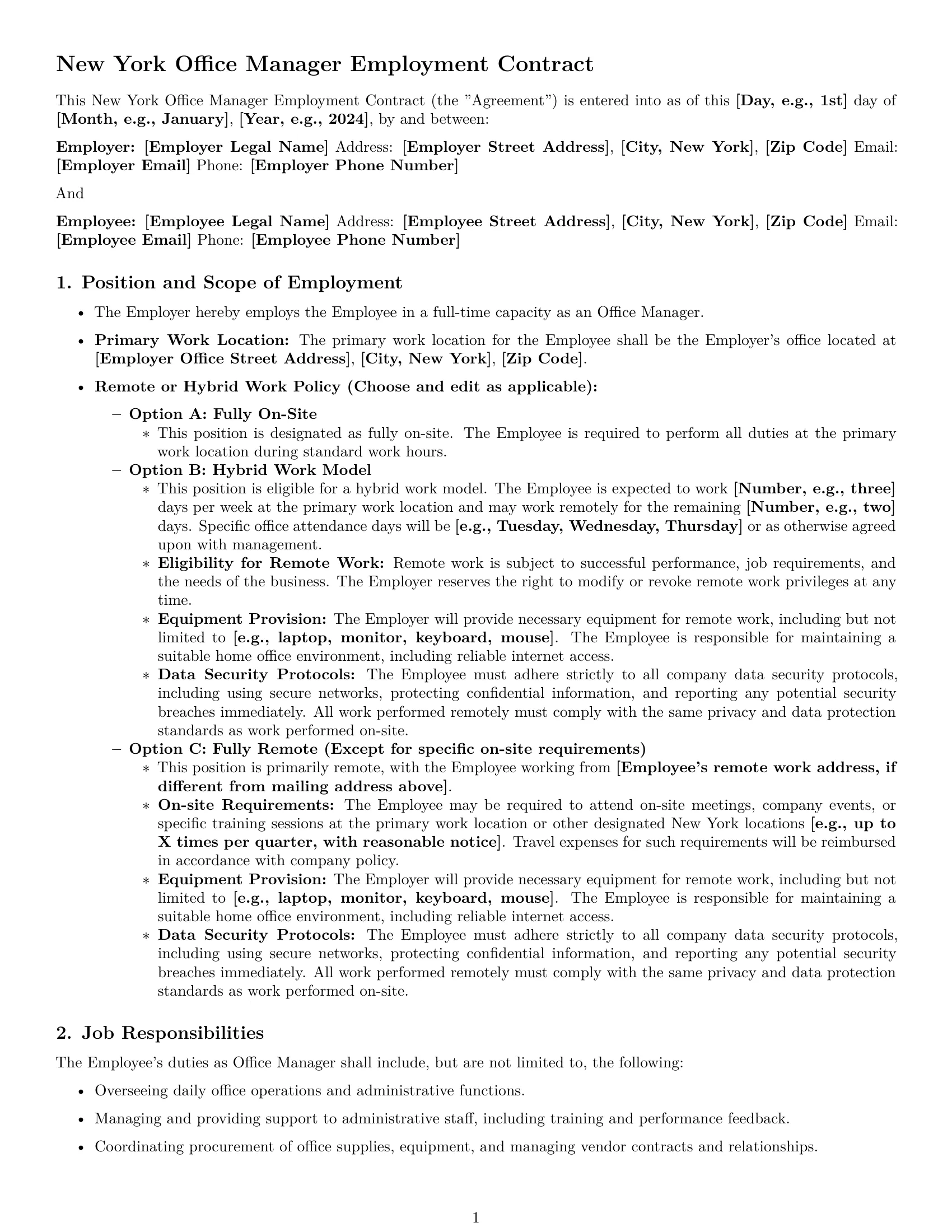 Preview page 1 of Pro New York office manager employment contract template