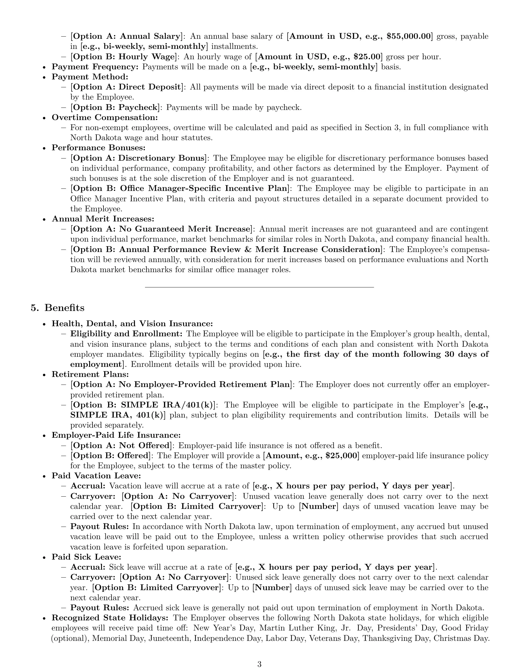 Preview page 3 of Pro North Dakota office manager employment contract template