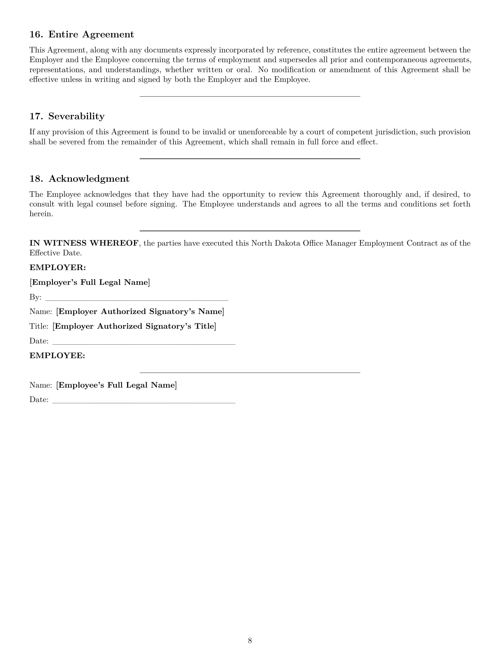 Preview page 8 of Pro North Dakota office manager employment contract template