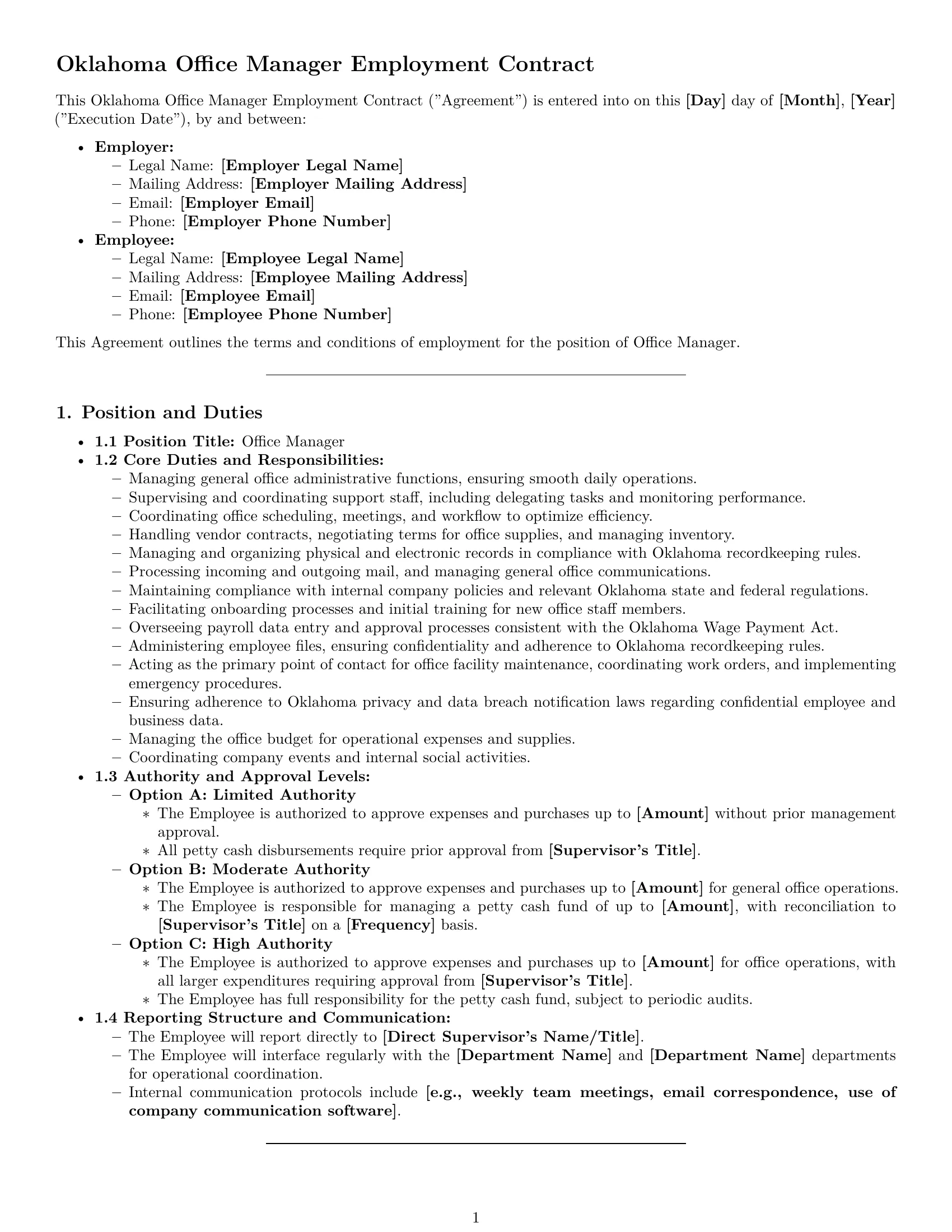 Preview page 1 of Pro Oklahoma office manager employment contract template
