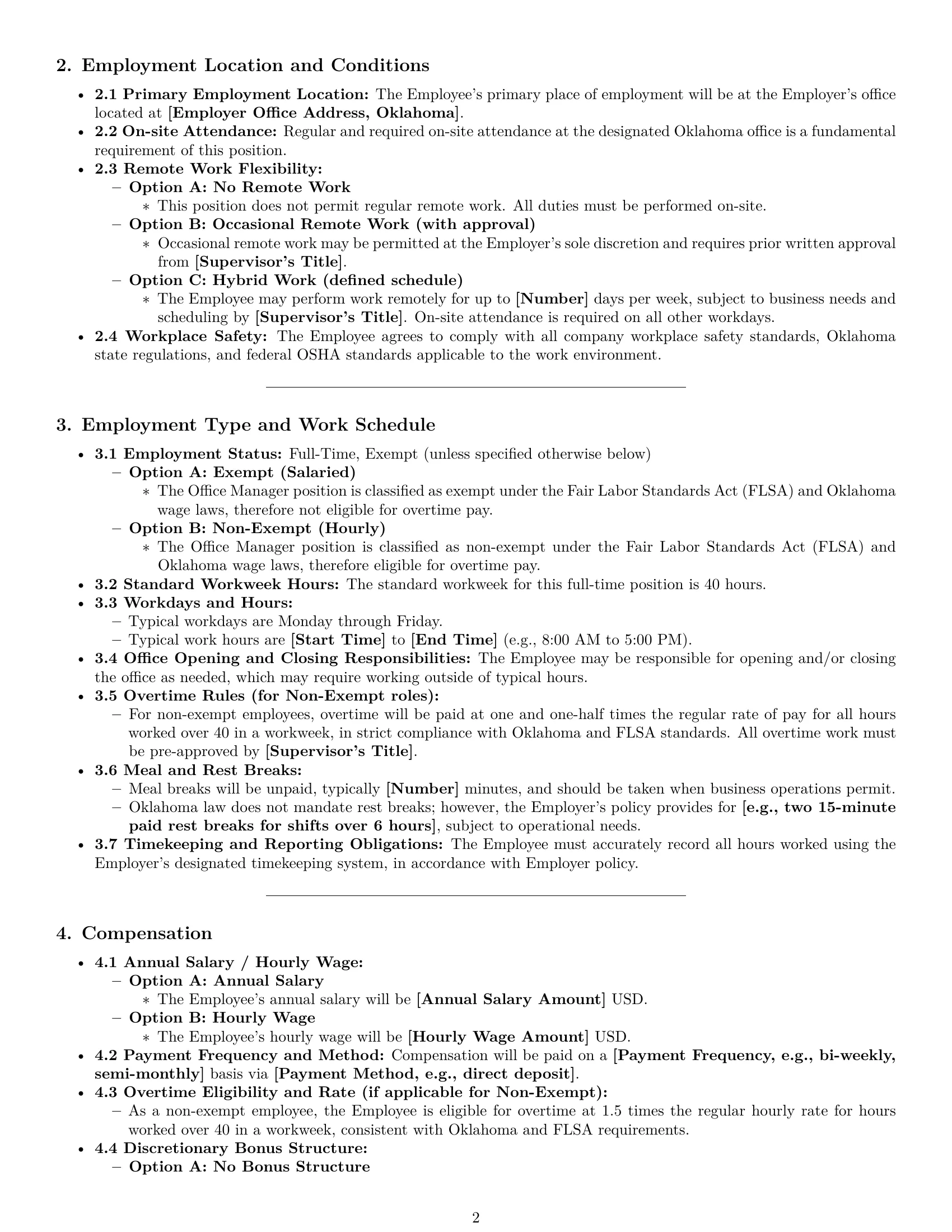 Preview page 2 of Pro Oklahoma office manager employment contract template