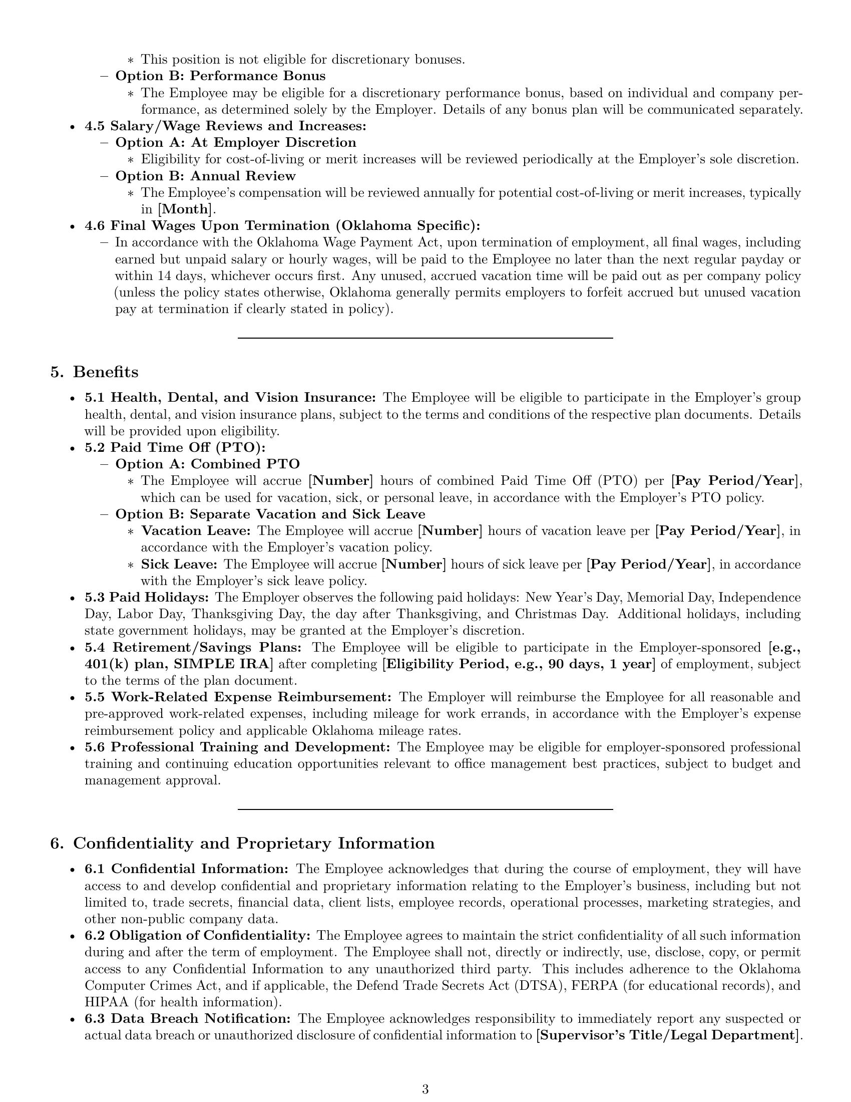 Preview page 3 of Pro Oklahoma office manager employment contract template