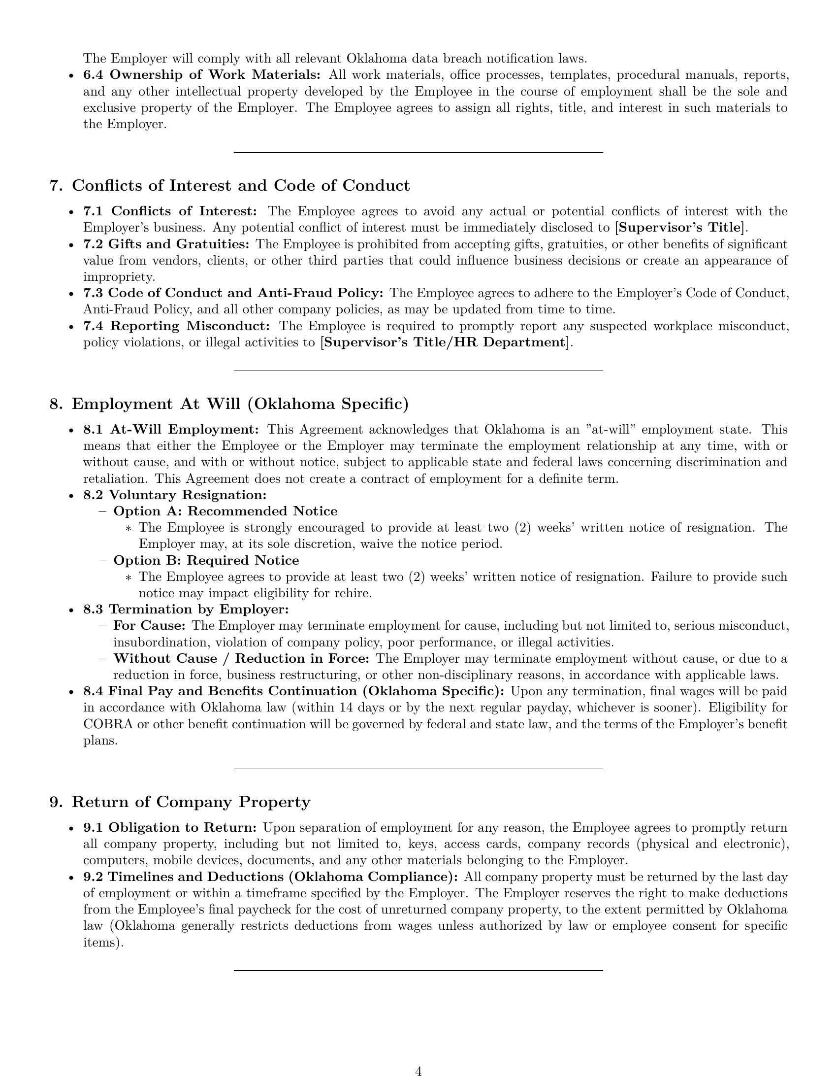 Preview page 4 of Pro Oklahoma office manager employment contract template