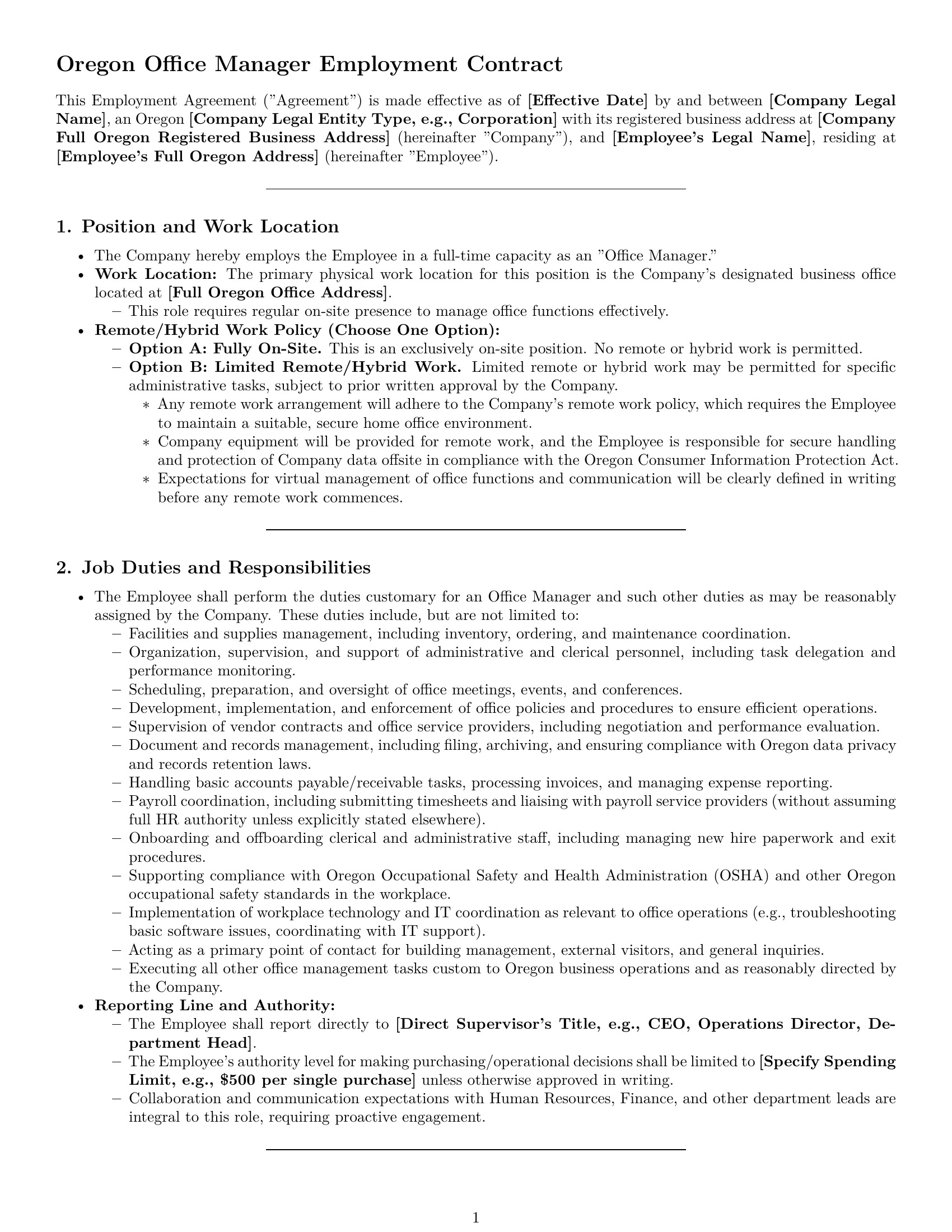 Preview page 1 of Pro Oregon office manager employment contract template