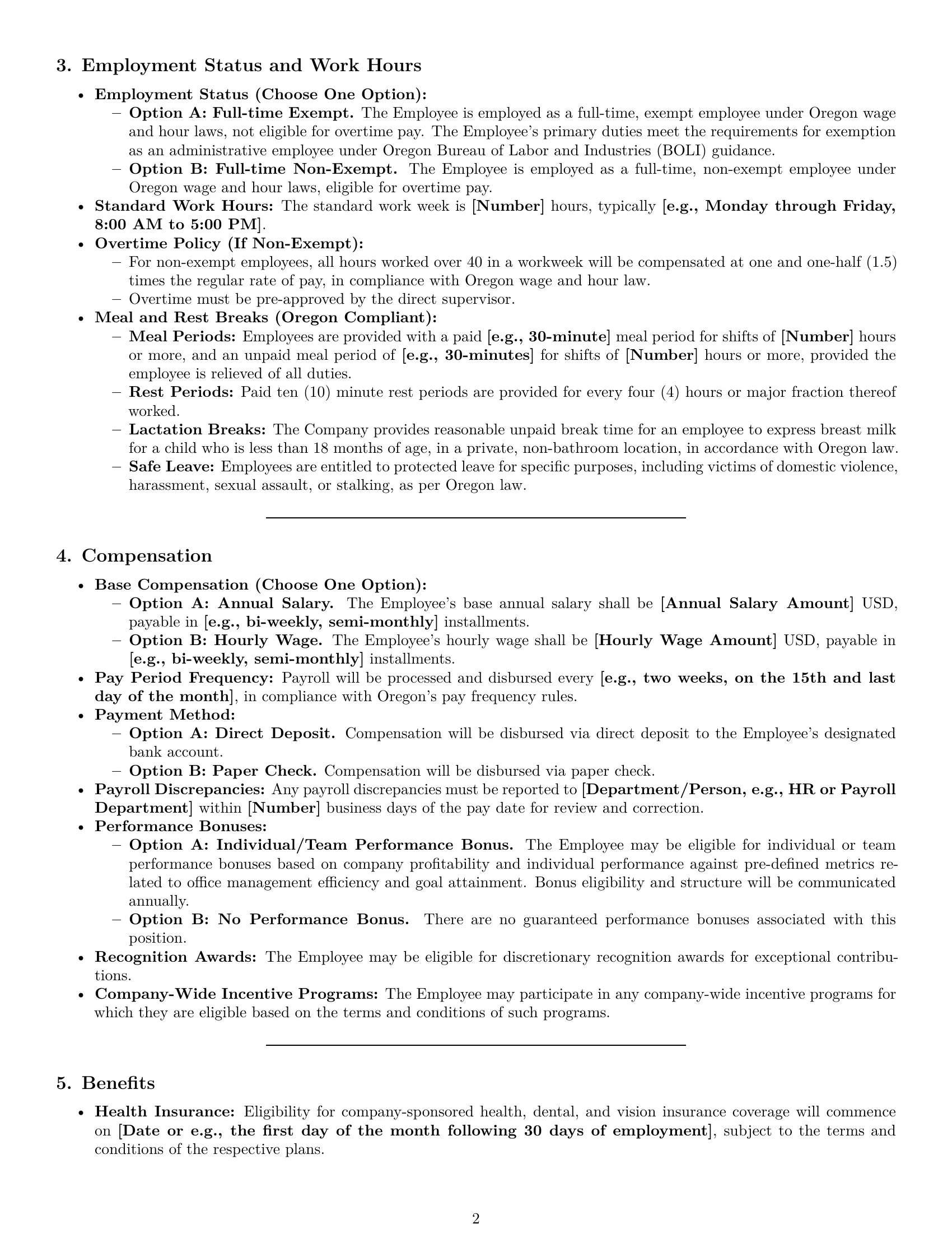 Preview page 2 of Pro Oregon office manager employment contract template