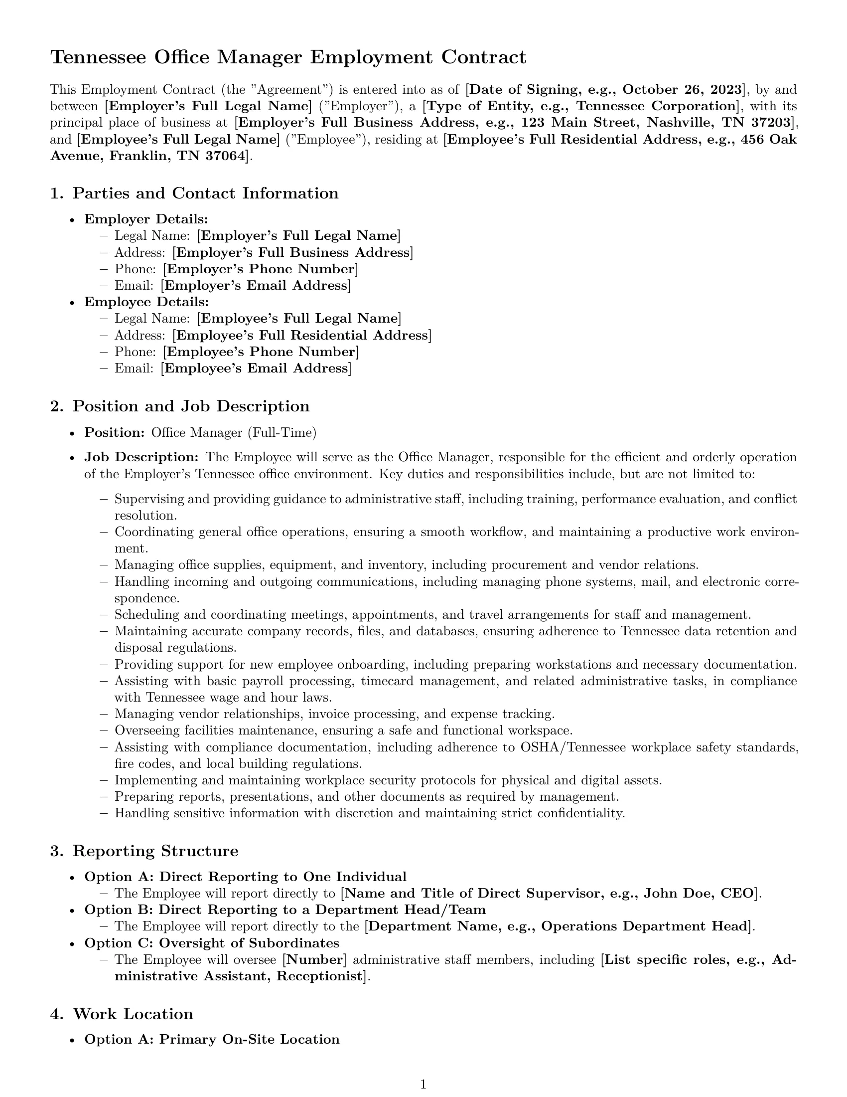 Preview page 1 of Pro Tennessee office manager employment contract template