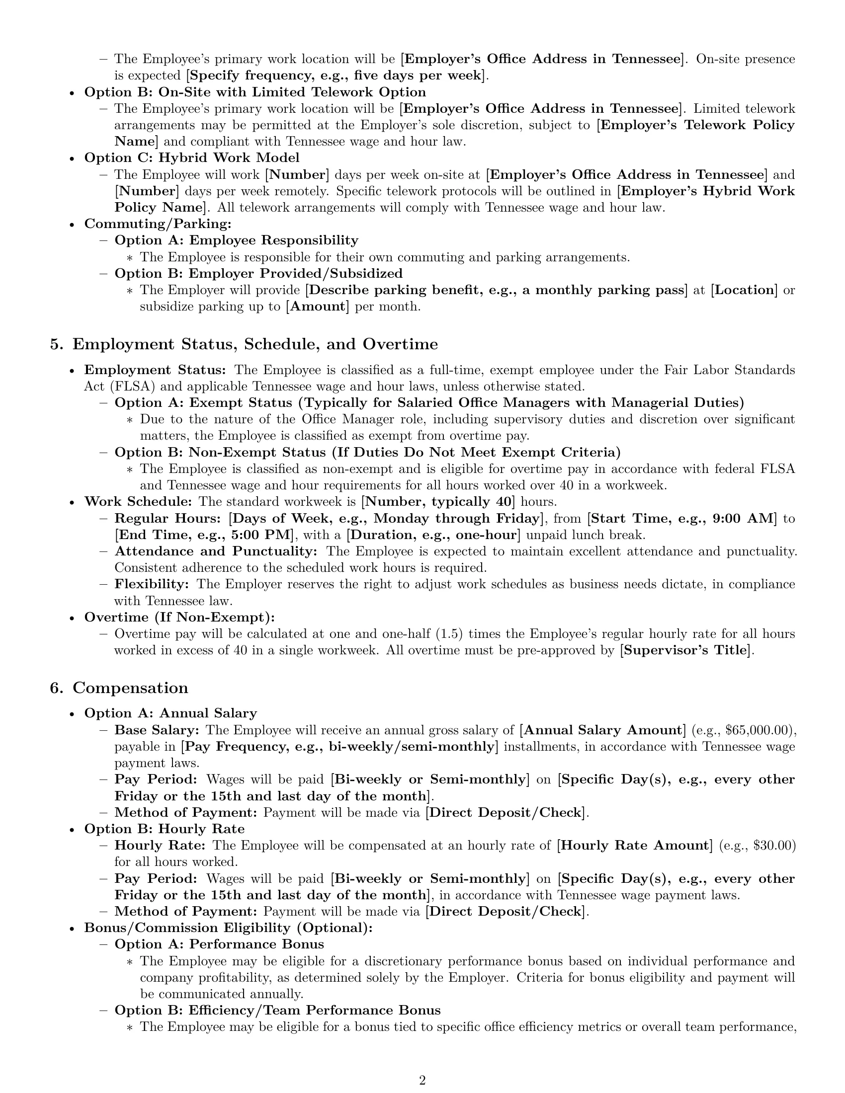 Preview page 2 of Pro Tennessee office manager employment contract template