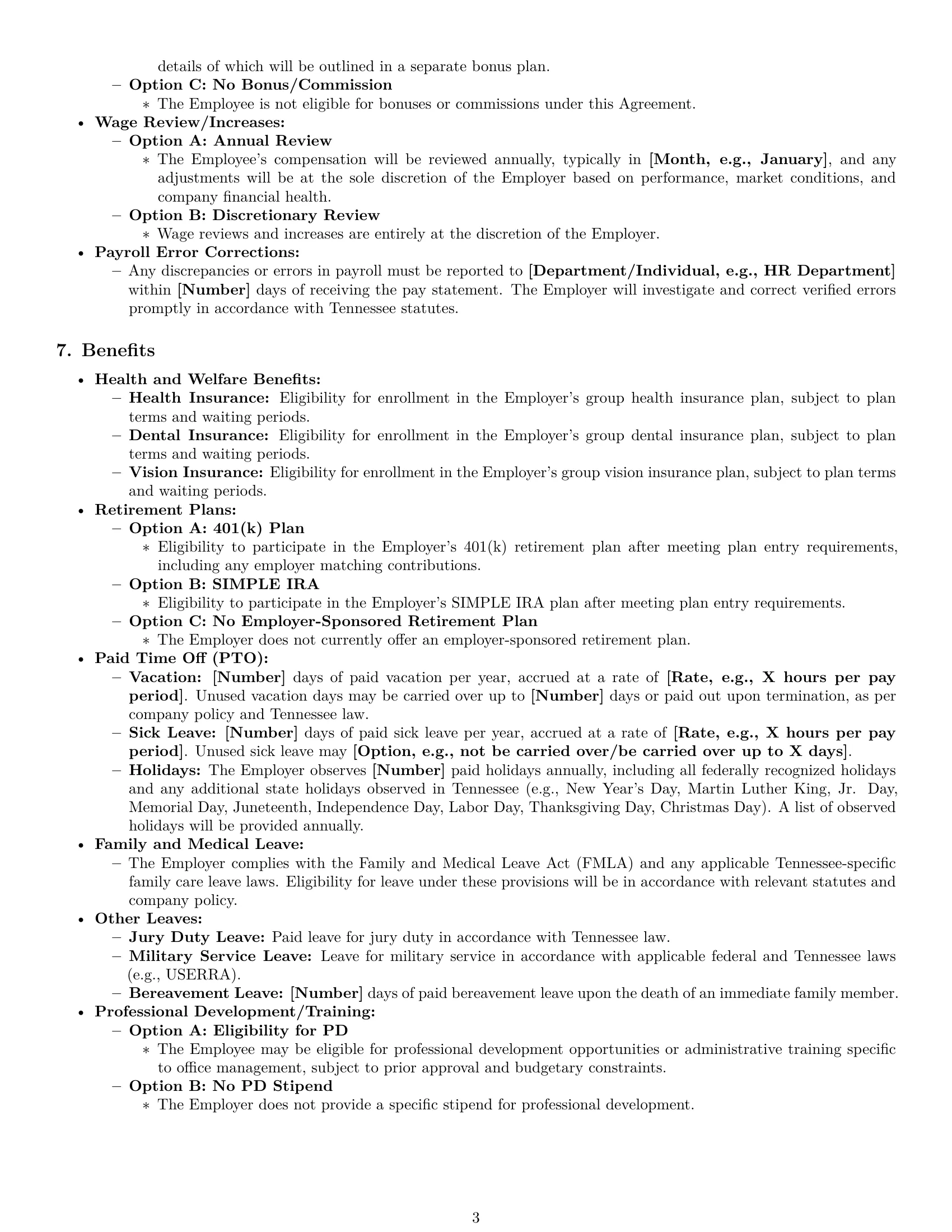 Preview page 3 of Pro Tennessee office manager employment contract template