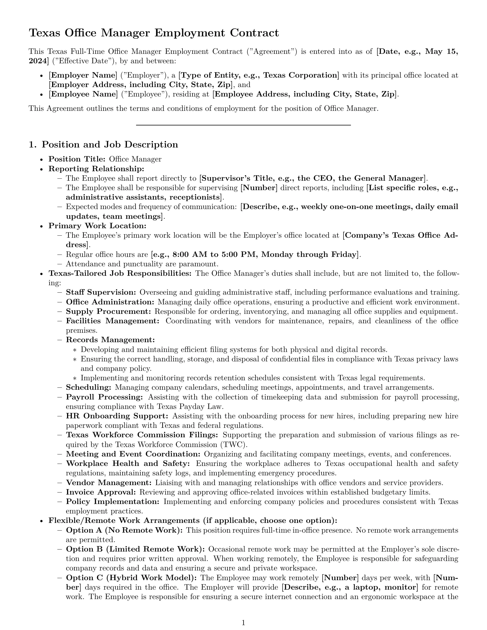 Preview page 1 of Pro Texas office manager employment contract template