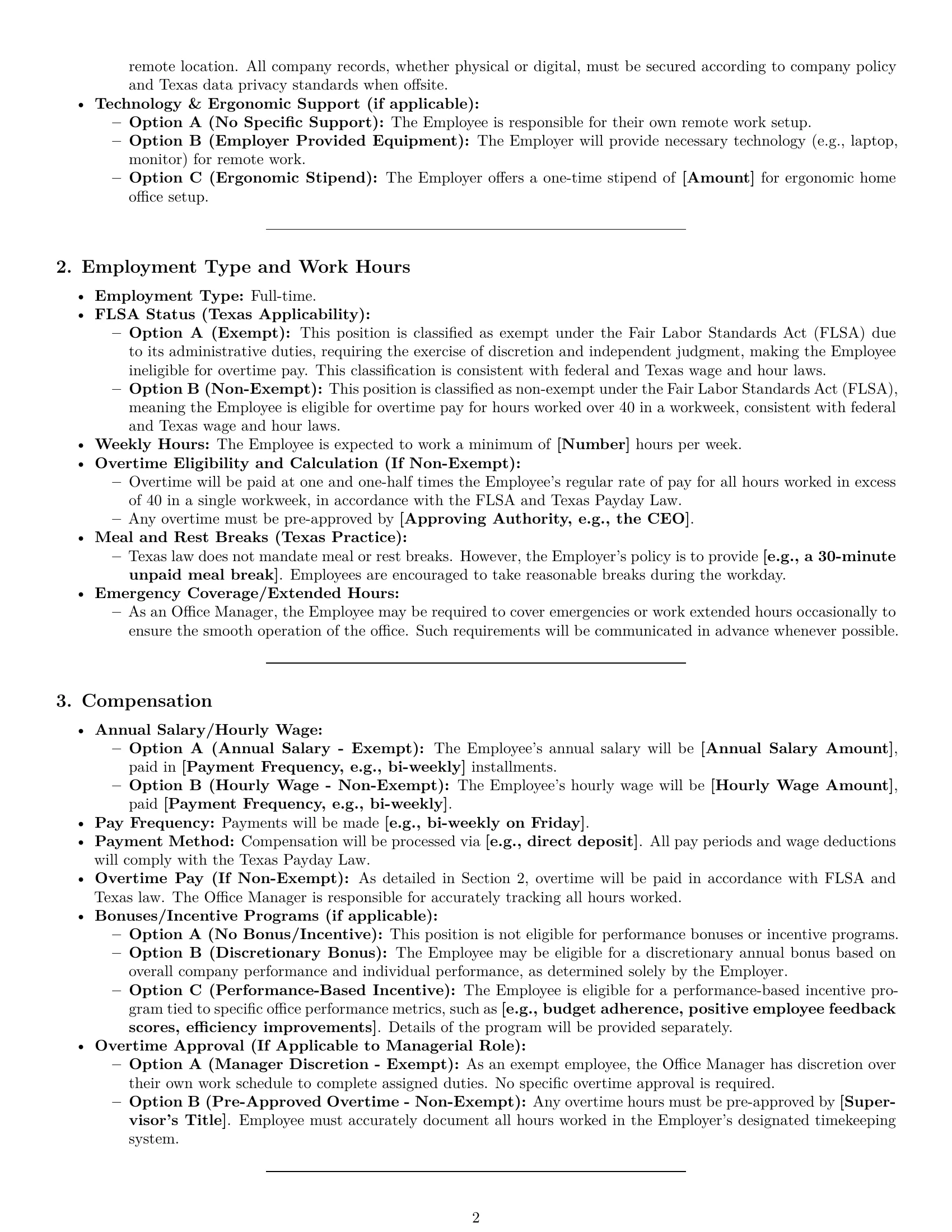 Preview page 2 of Pro Texas office manager employment contract template