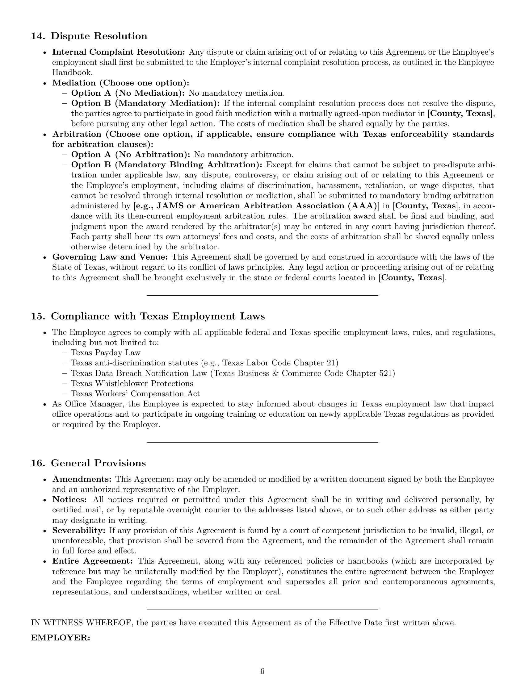 Preview page 6 of Pro Texas office manager employment contract template