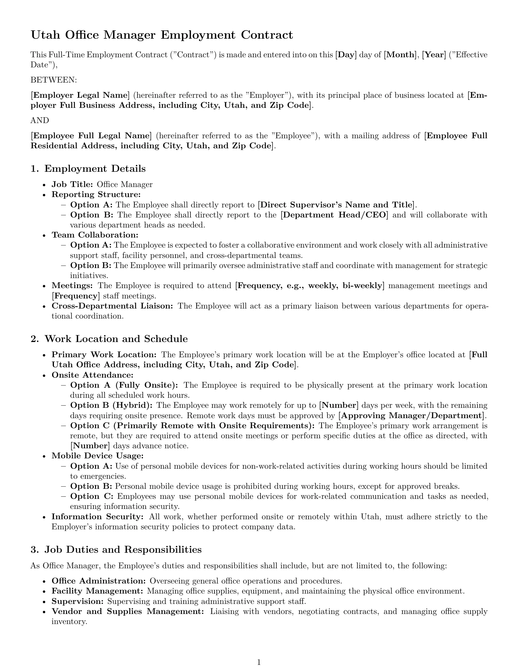 Preview page 1 of Pro Utah office manager employment contract template