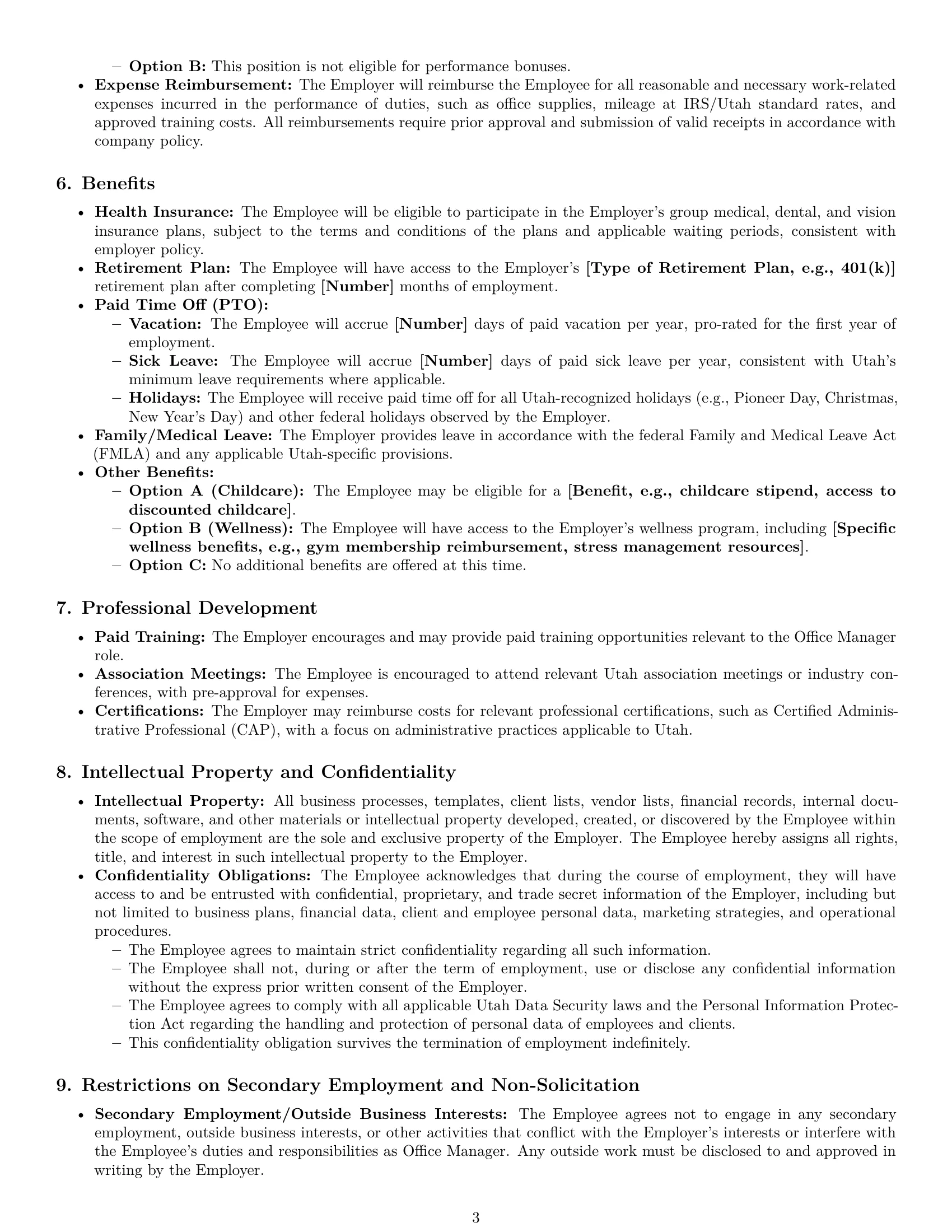 Preview page 3 of Pro Utah office manager employment contract template