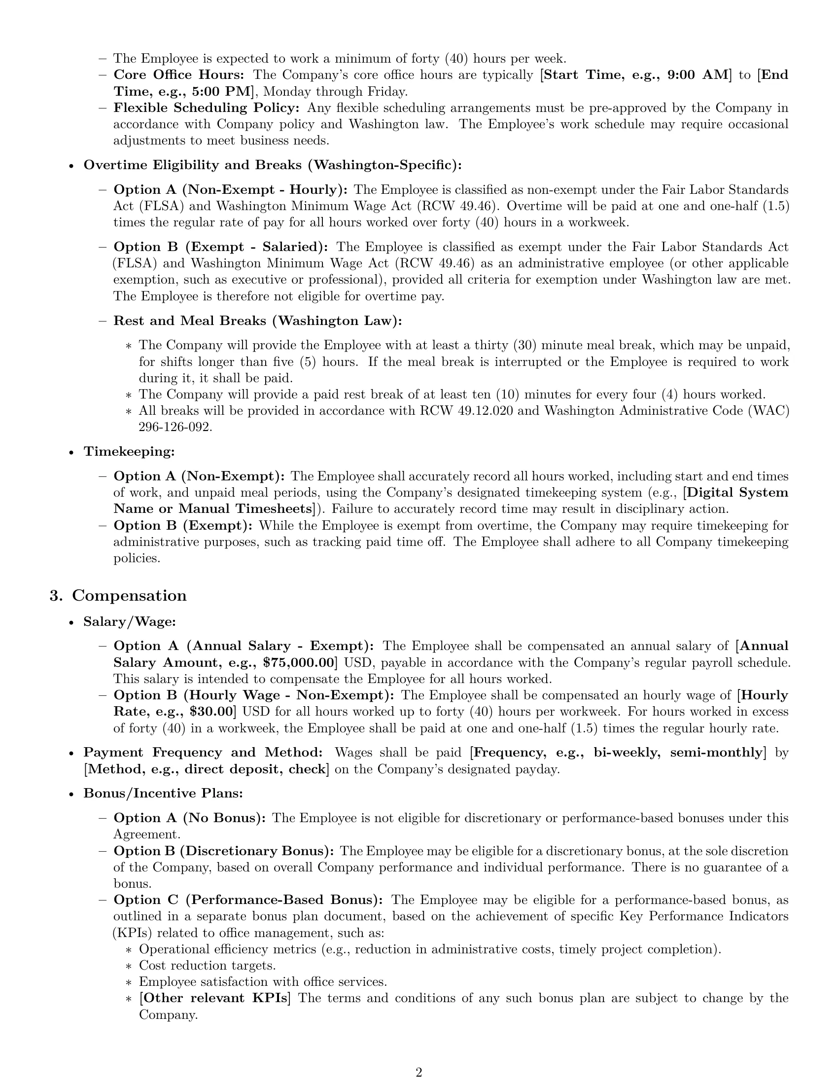 Preview page 2 of Pro Washington office manager employment contract template
