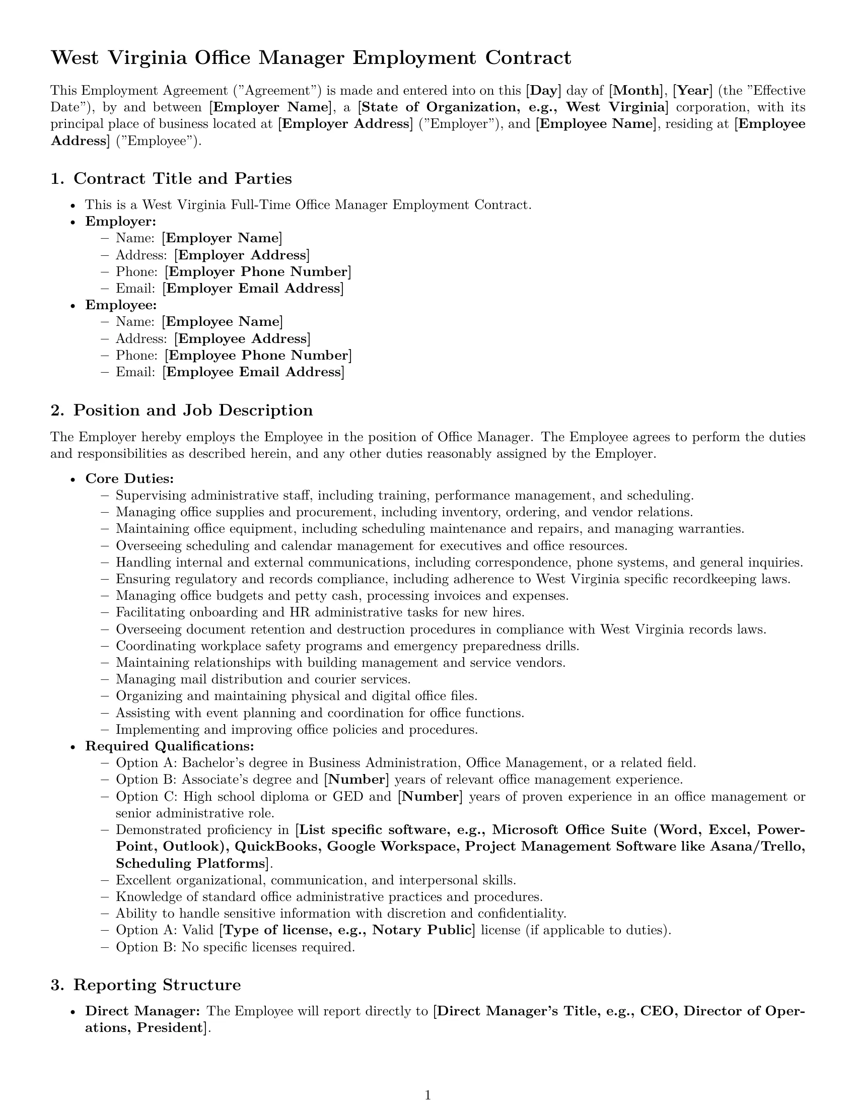 Preview page 1 of Pro West Virginia office manager employment contract template