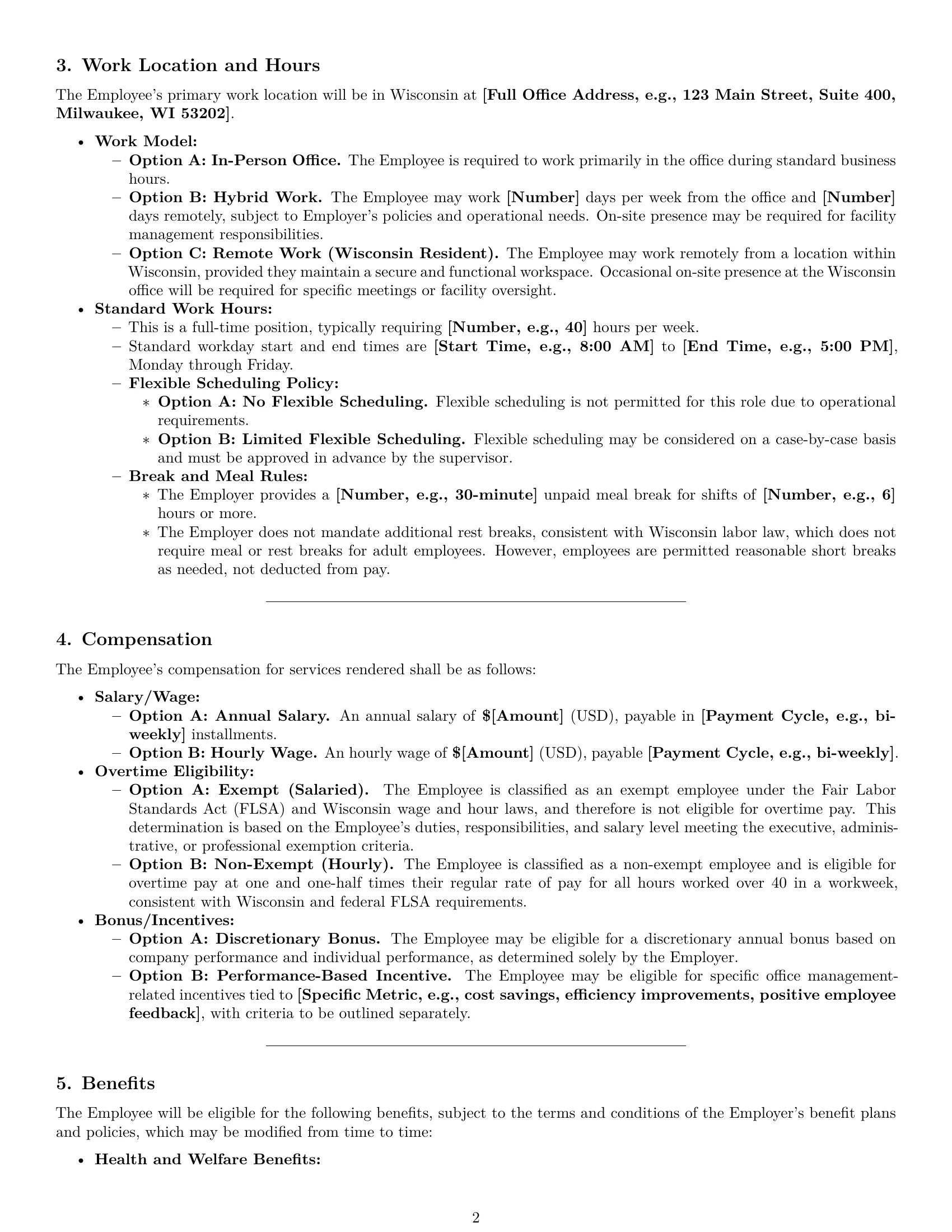 Preview page 2 of Pro Wisconsin office manager employment contract template