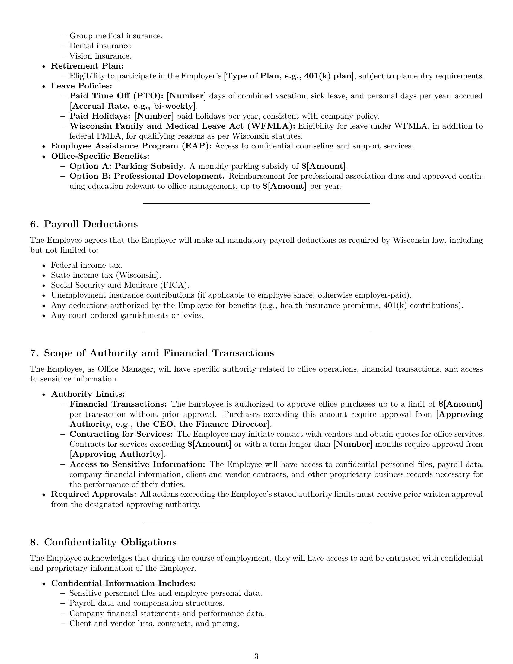 Preview page 3 of Pro Wisconsin office manager employment contract template
