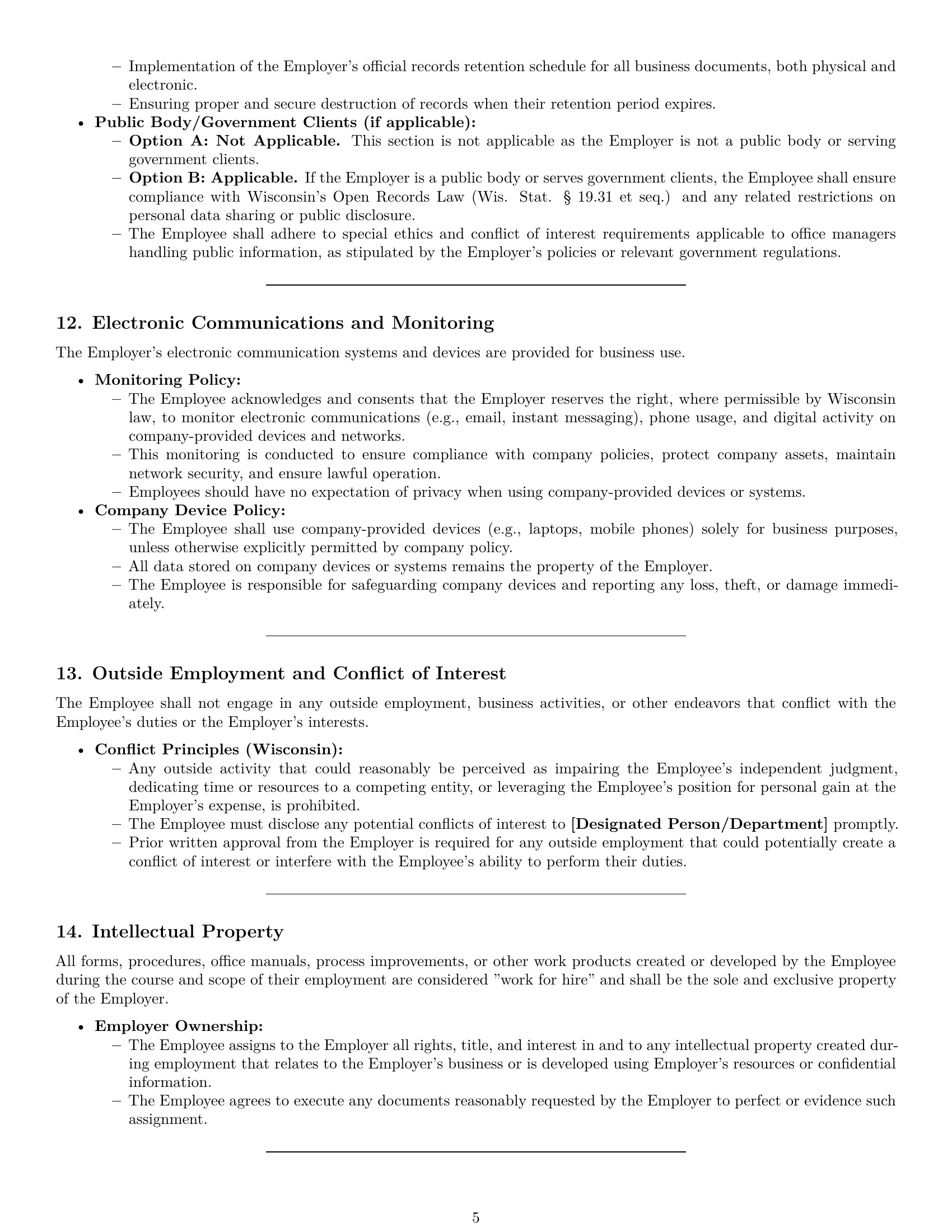 Preview page 5 of Pro Wisconsin office manager employment contract template