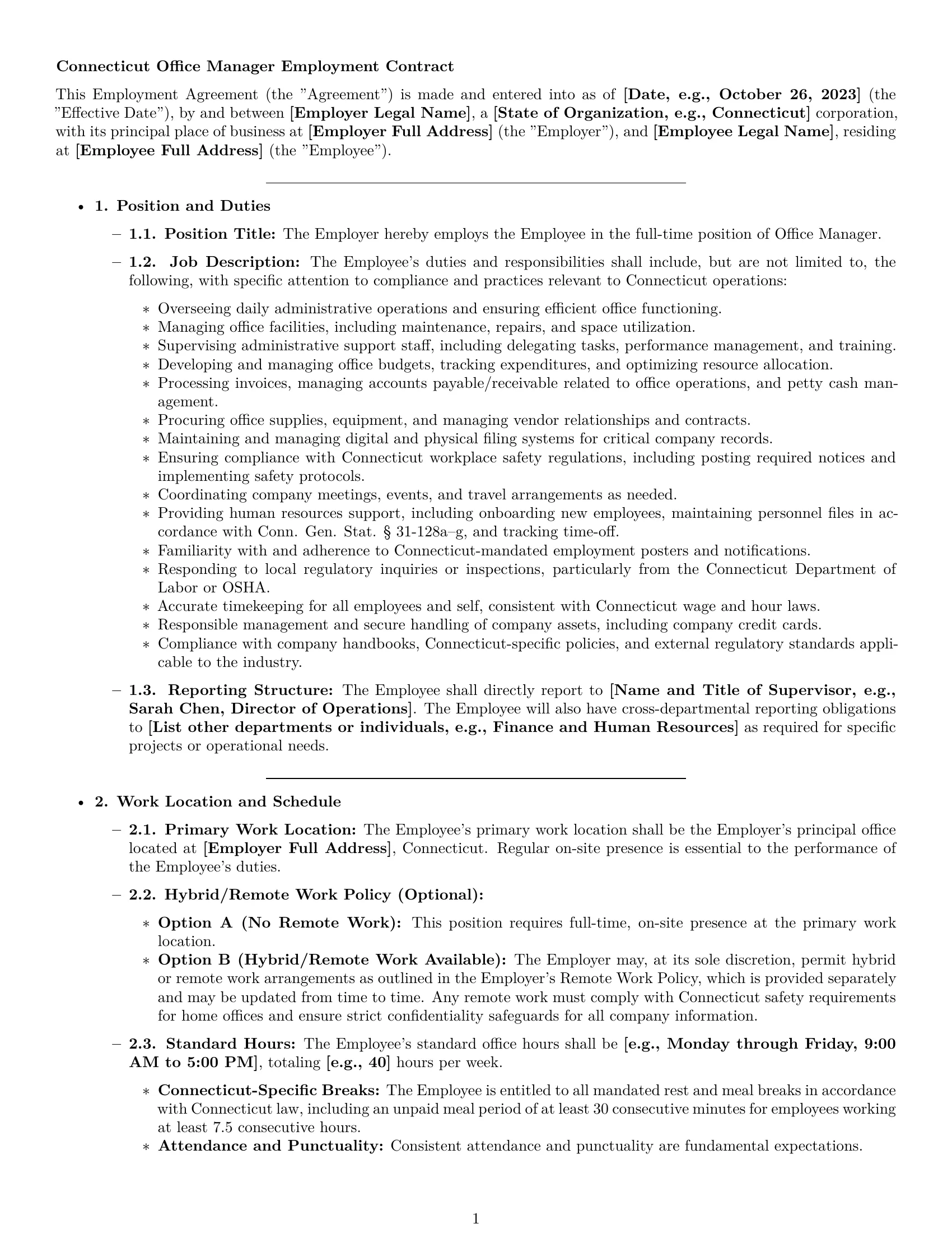 Preview page 1 of Pro Connecticut office manager employment contract template