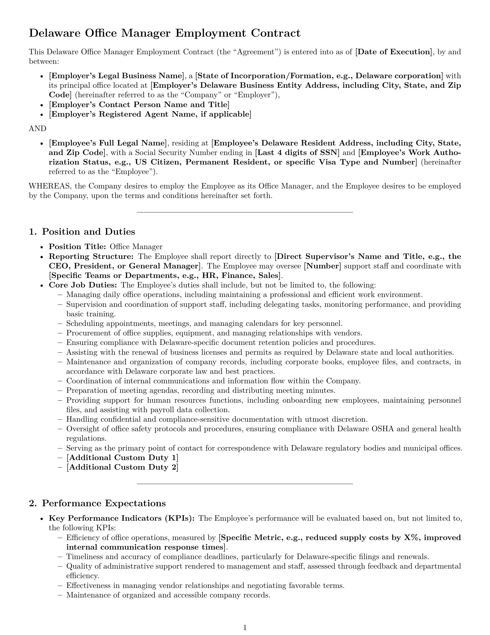 Preview page 1 of Pro Delaware office manager employment contract template