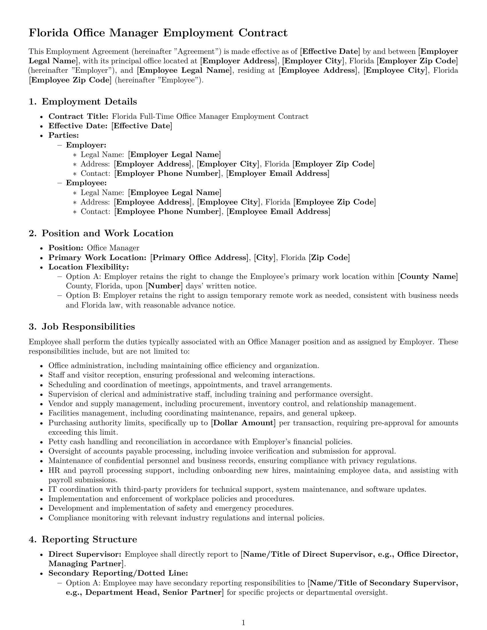 Preview page 1 of Pro Florida office manager employment contract template