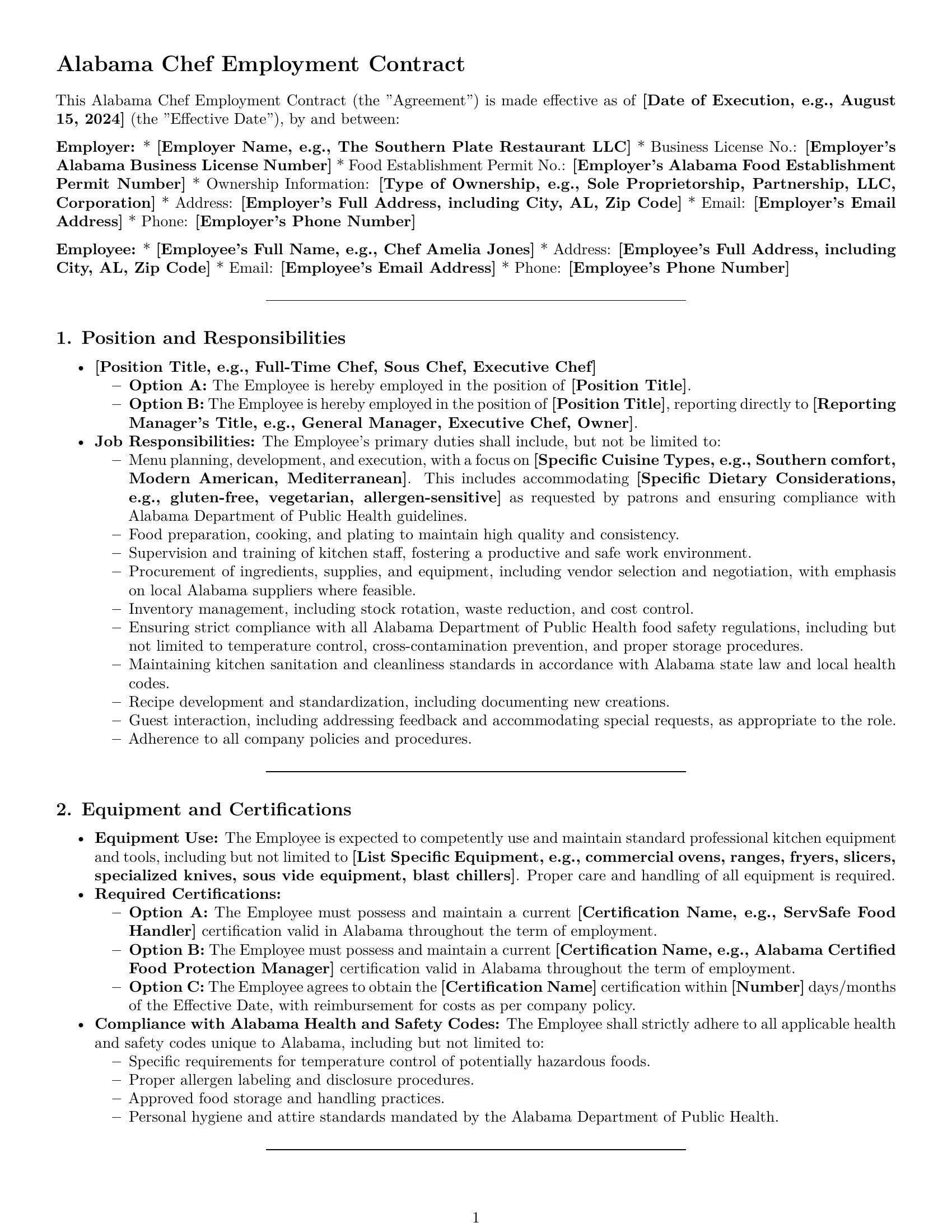 Preview page 1 of Pro Alabama chef employment contract template
