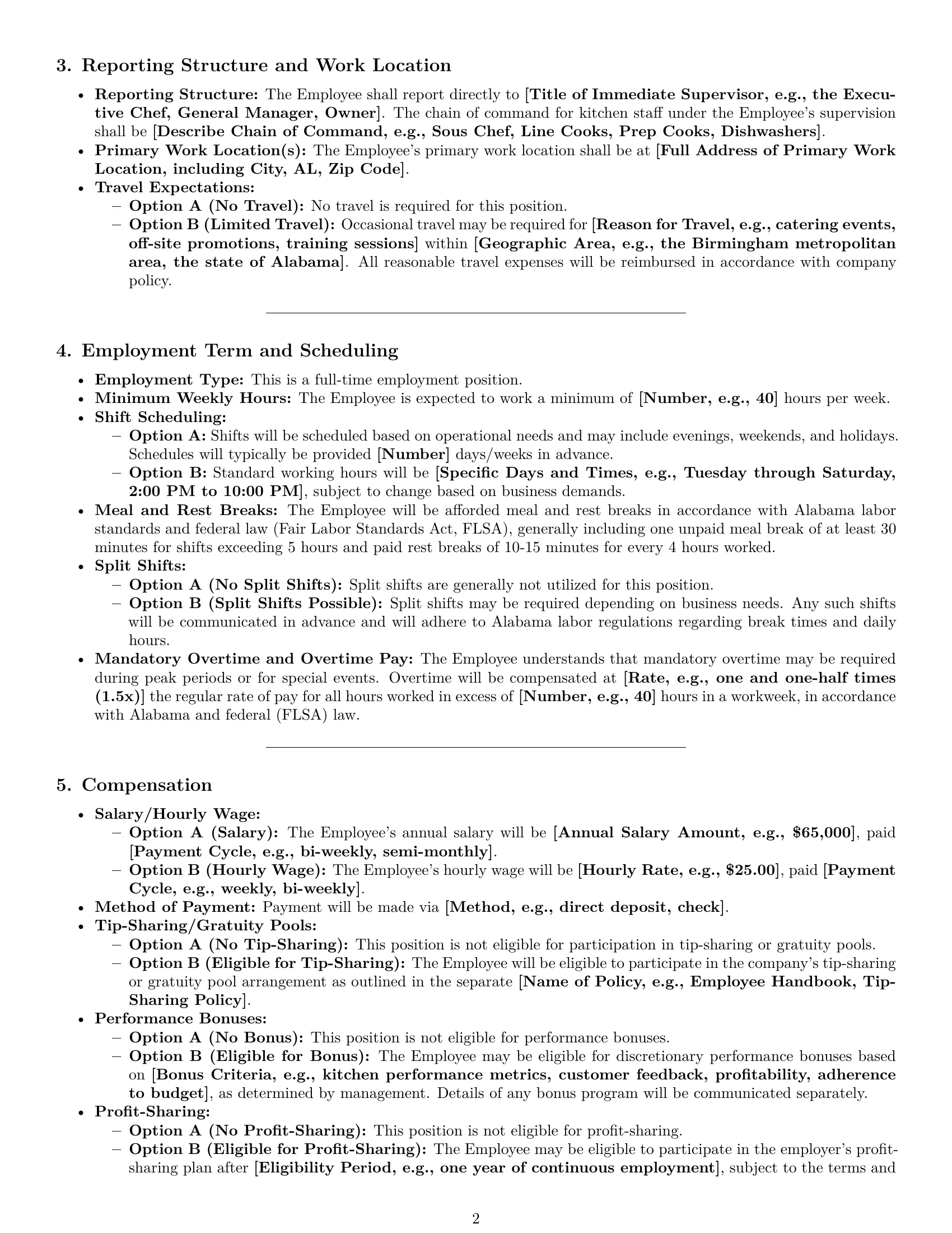 Preview page 2 of Pro Alabama chef employment contract template