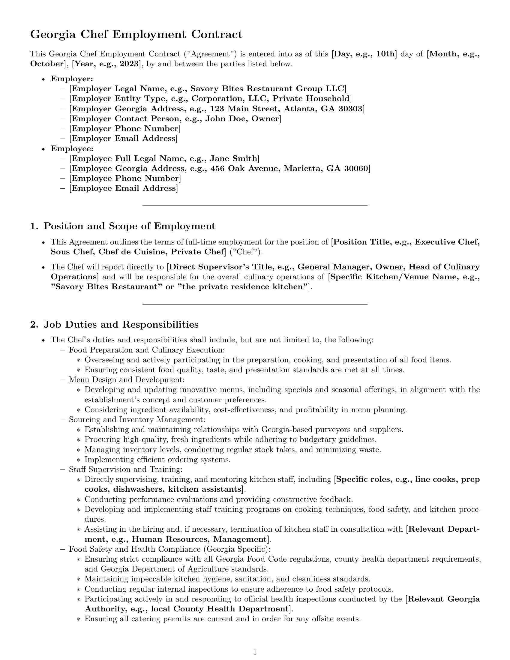 Preview page 1 of Pro Georgia chef employment contract template