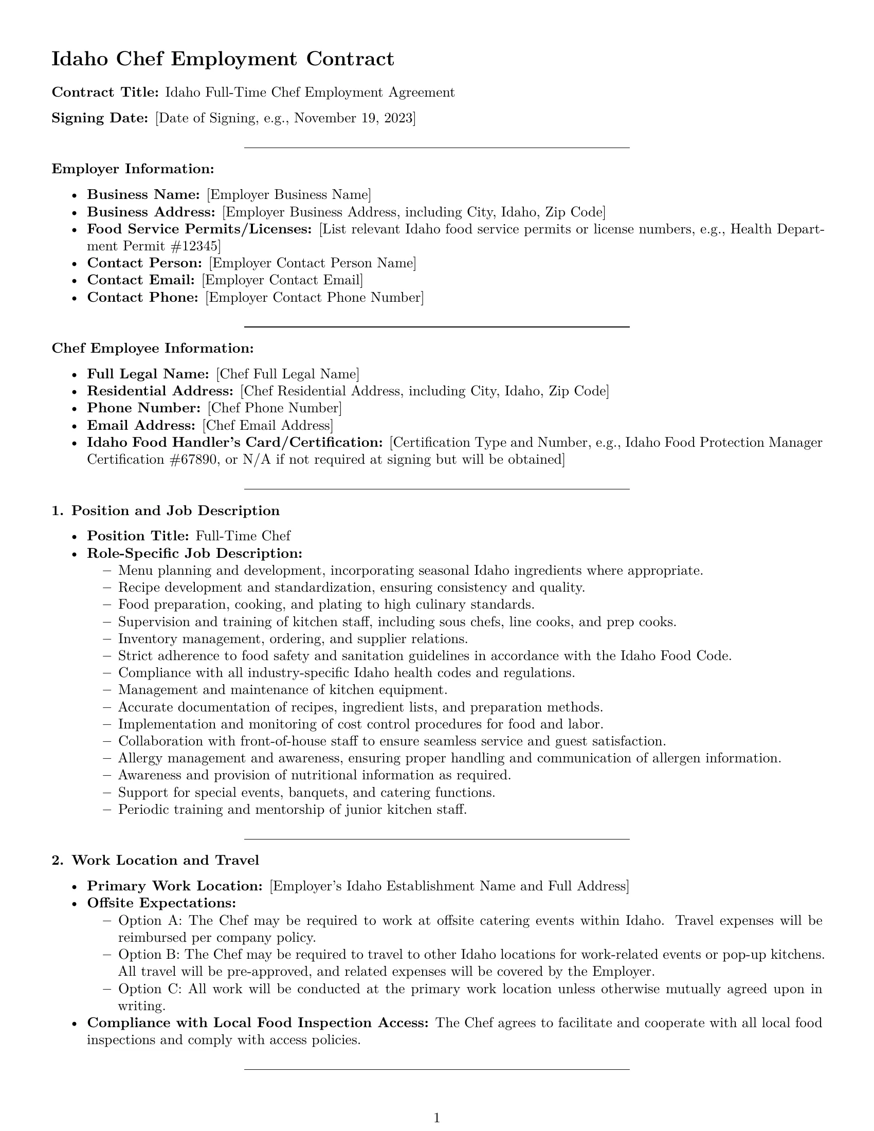 Preview page 1 of Pro Idaho chef employment contract template