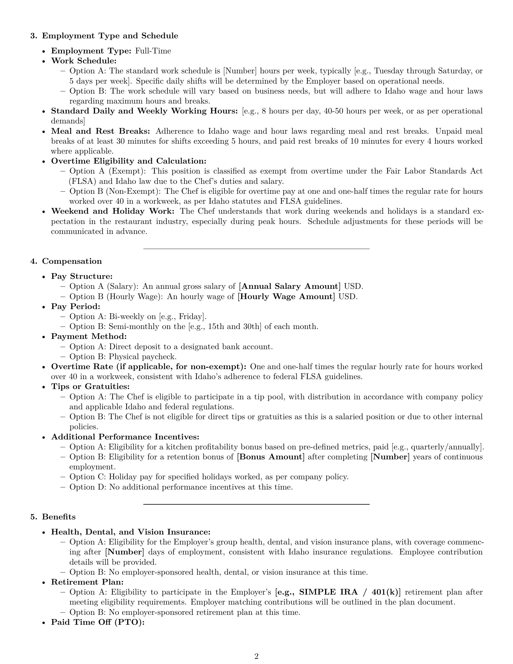 Preview page 2 of Pro Idaho chef employment contract template