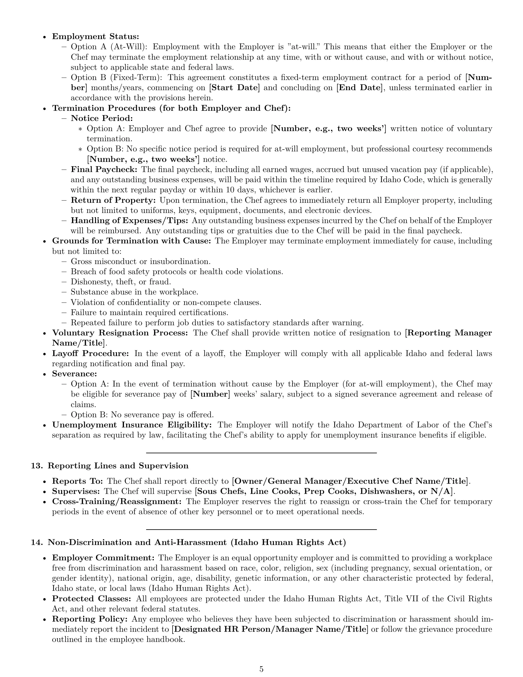 Preview page 5 of Pro Idaho chef employment contract template