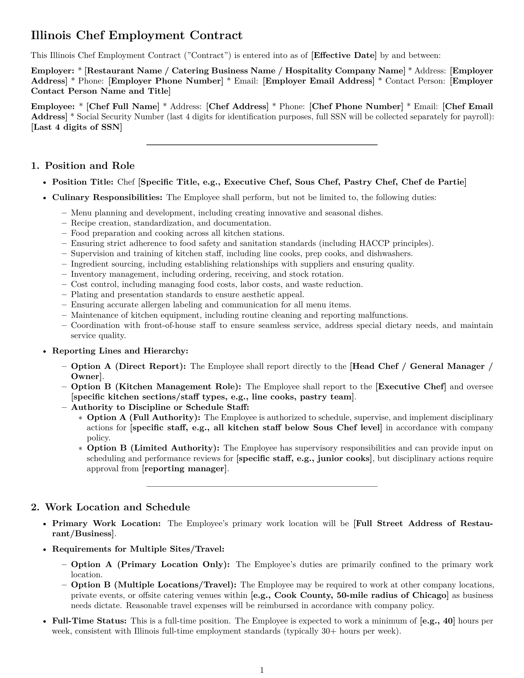 Preview page 1 of Pro Illinois chef employment contract template