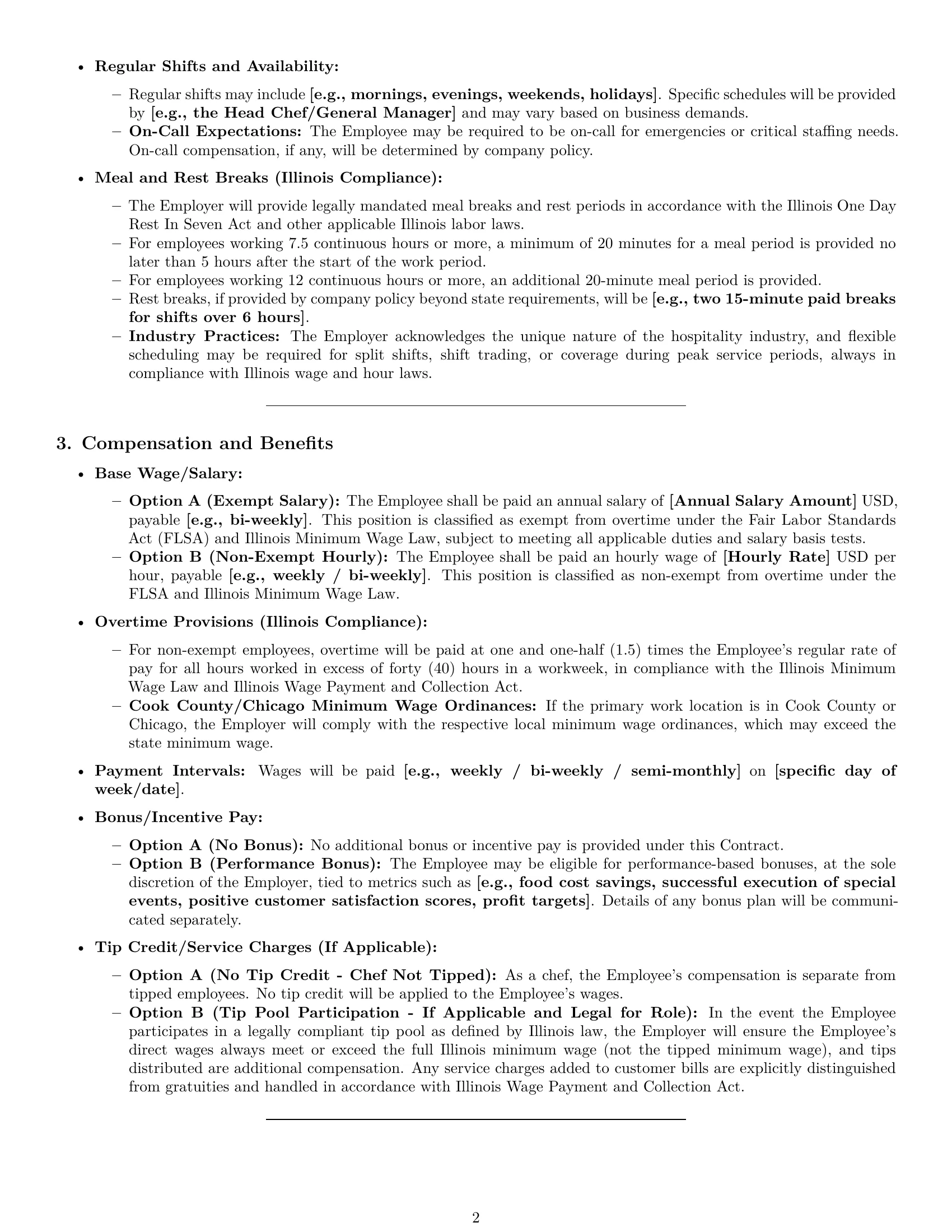 Preview page 2 of Pro Illinois chef employment contract template
