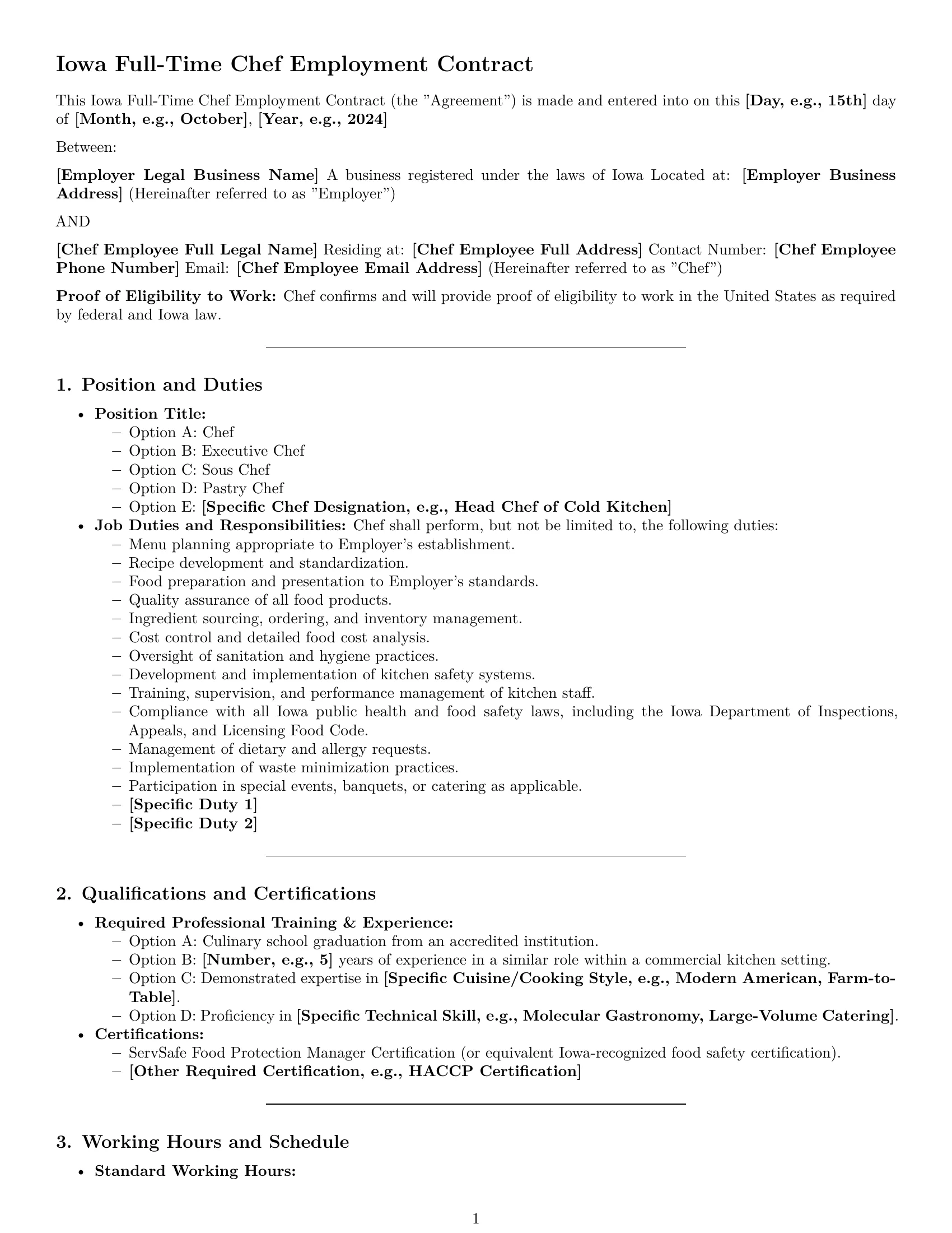 Preview page 1 of Pro Iowa chef employment contract template