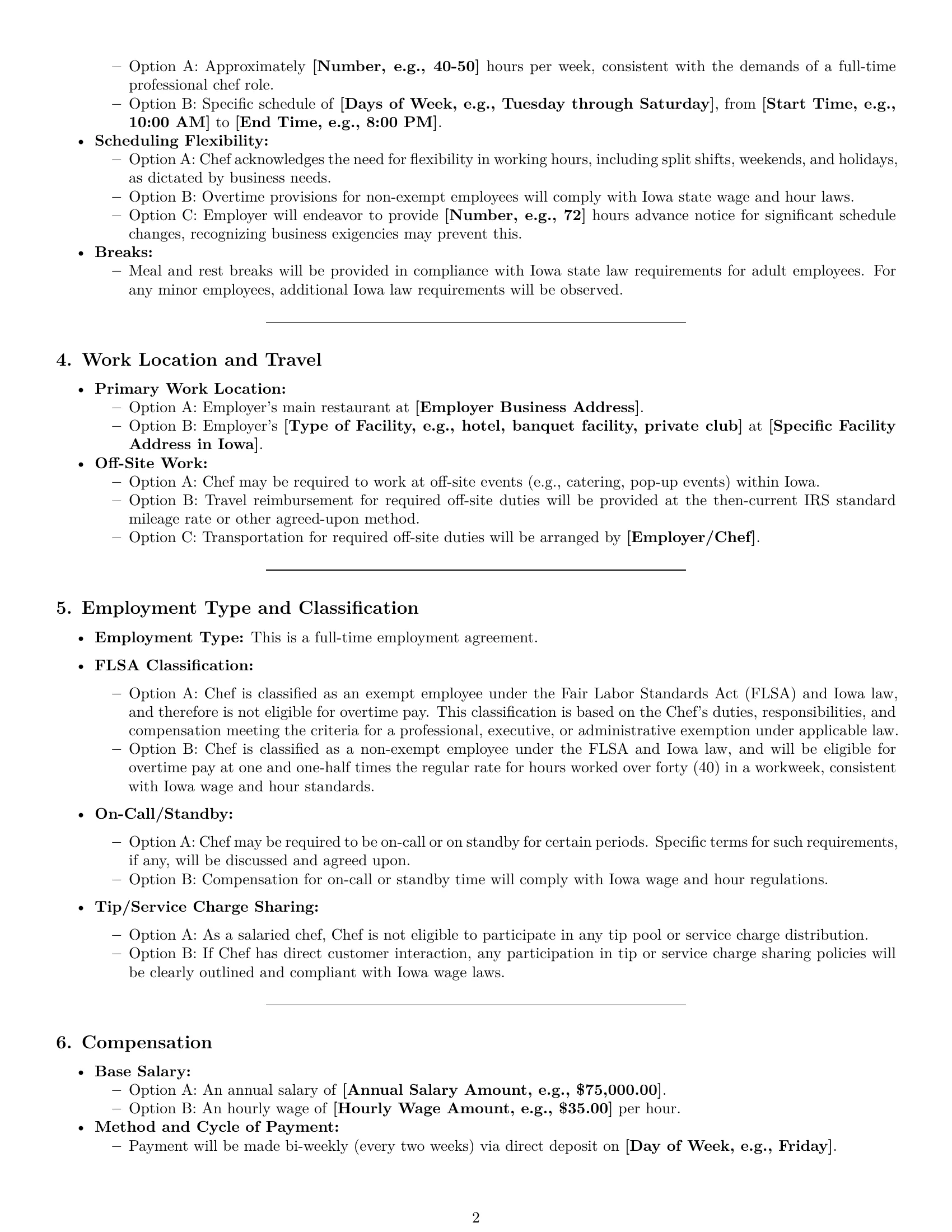 Preview page 2 of Pro Iowa chef employment contract template