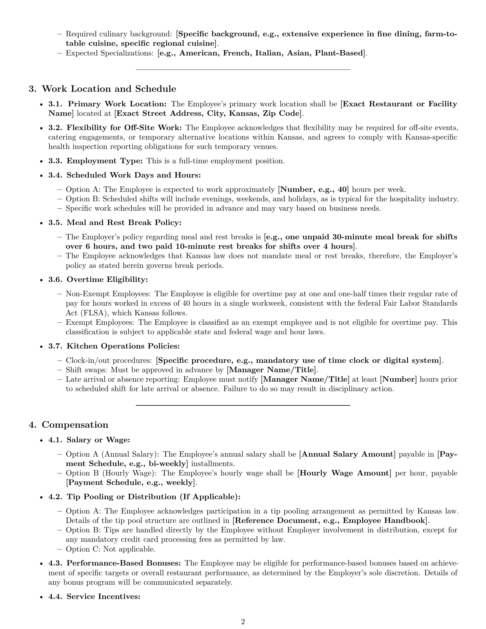 Preview page 2 of Pro Kansas chef employment contract template