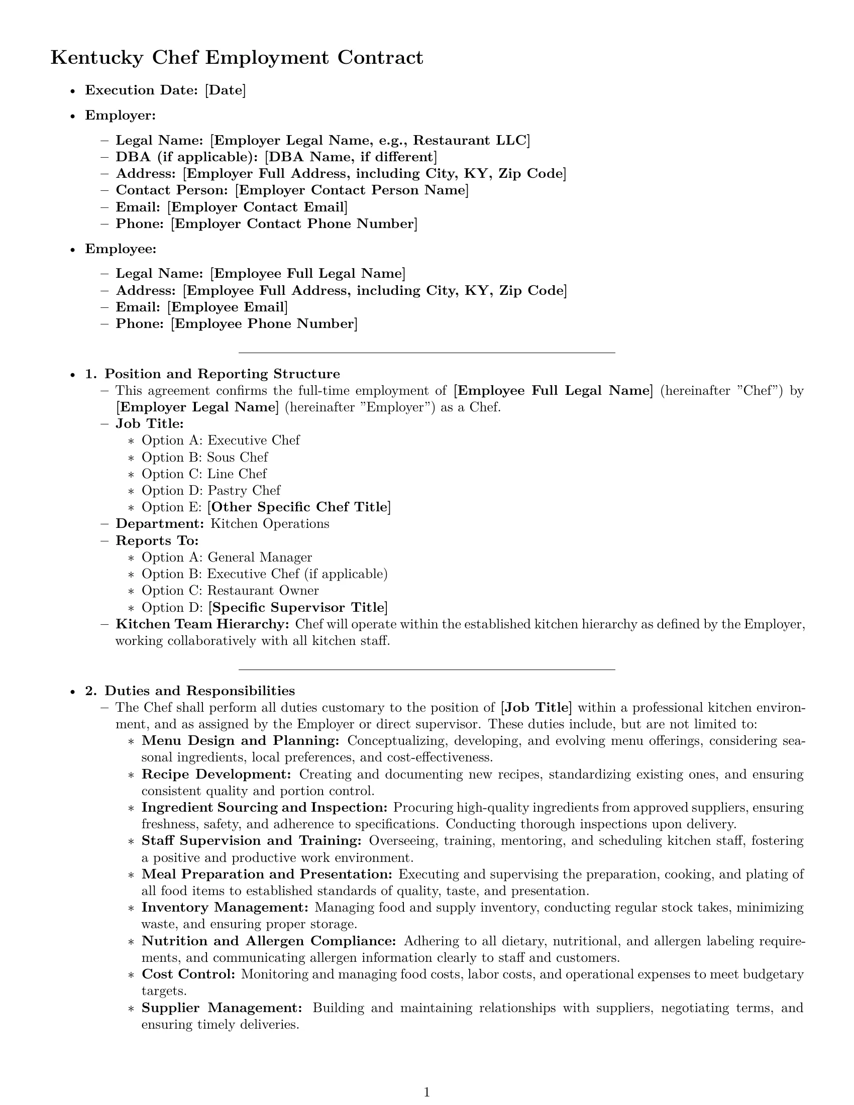 Preview page 1 of Pro Kentucky chef employment contract template
